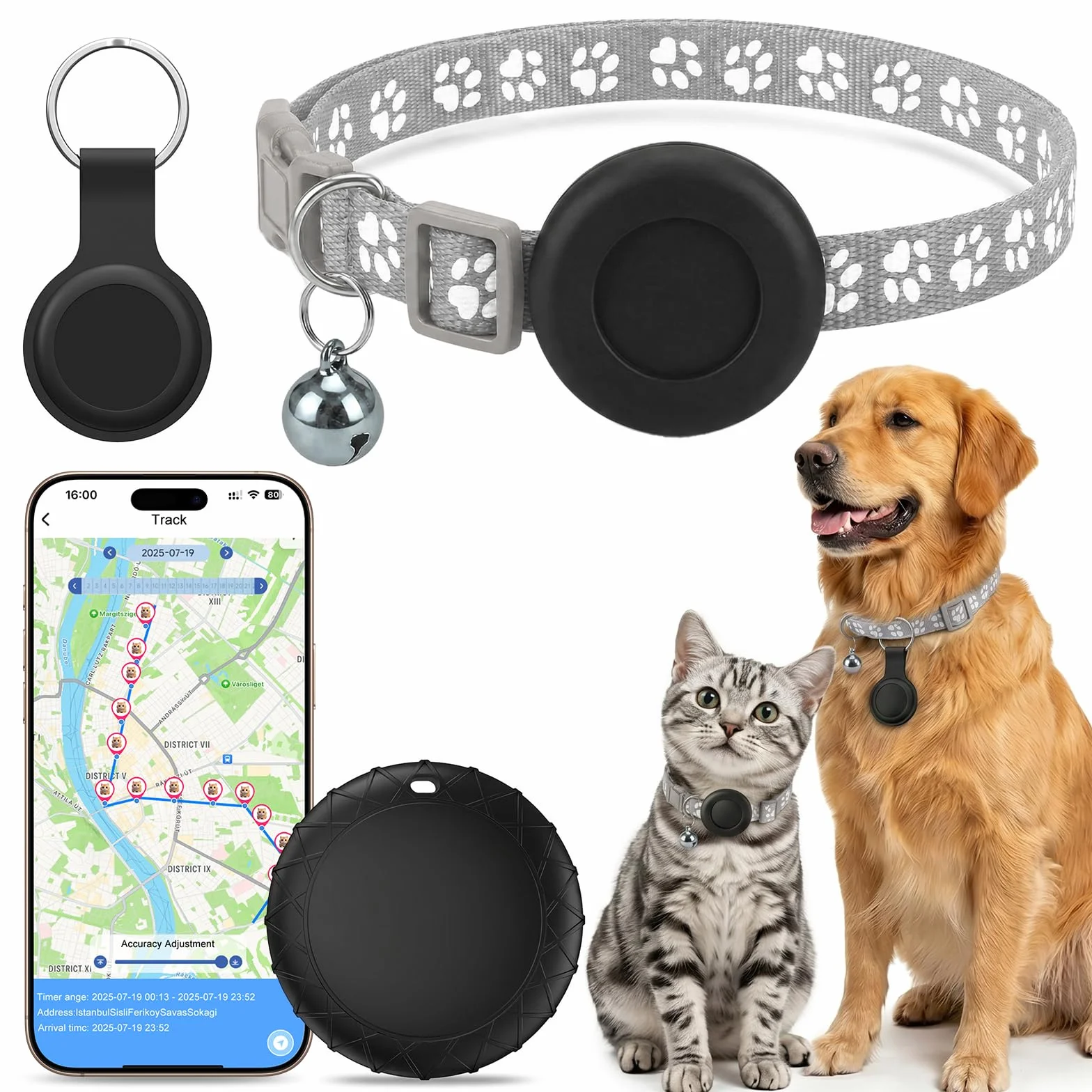 Collier GPS Chat, Traceur GPS Chien Chat sans Carte SIM/Abonnement Mensuel, Compatible avec iOS et Android, Suivi en Temps Réel Étanchéité IPX6 Traceur Collier Traceur pour Chien,Chats,Voitures - Gris