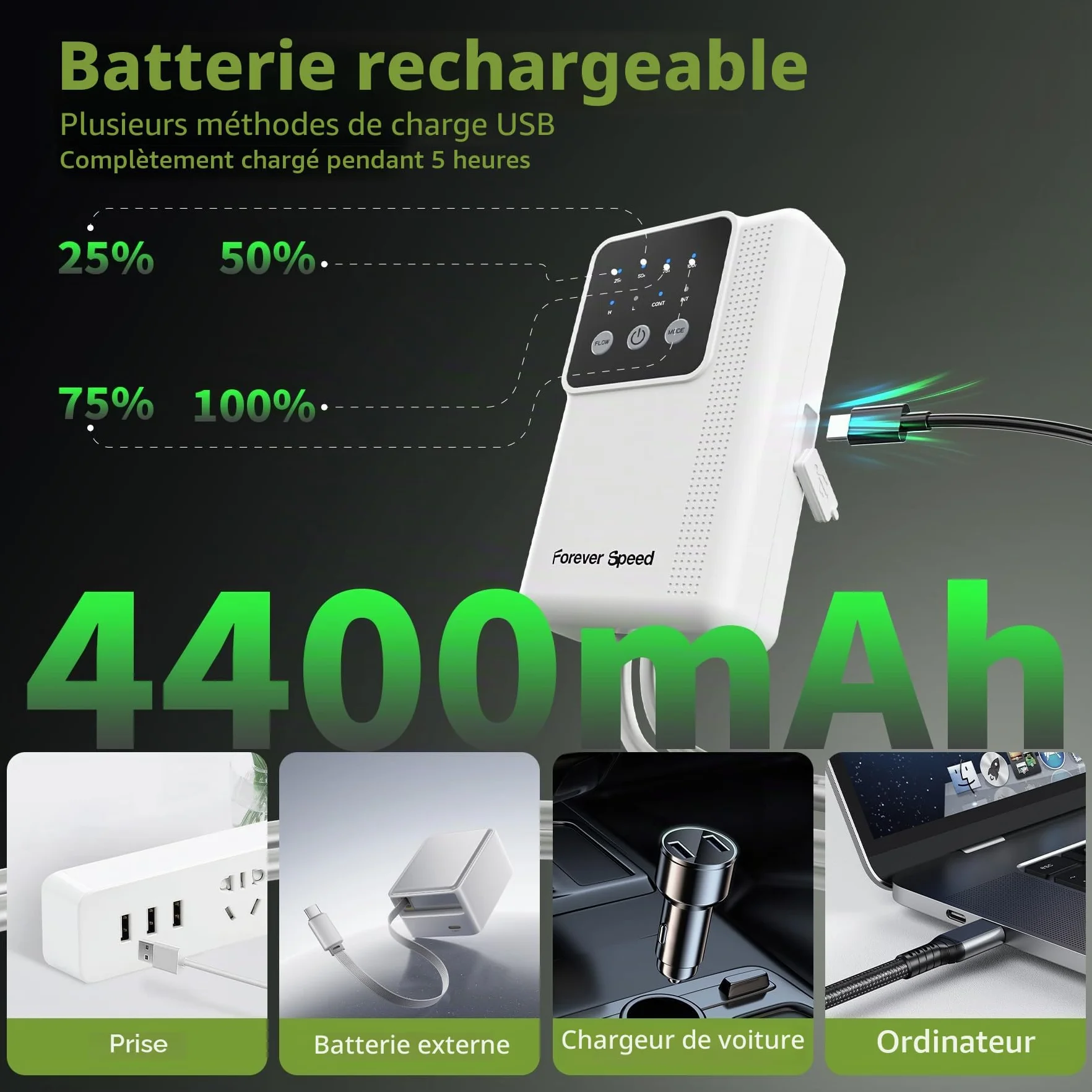 Forever Speed Pompe à Air pour Aquarium LED Rechargeable Réglable avec Batterie 2 Sorties