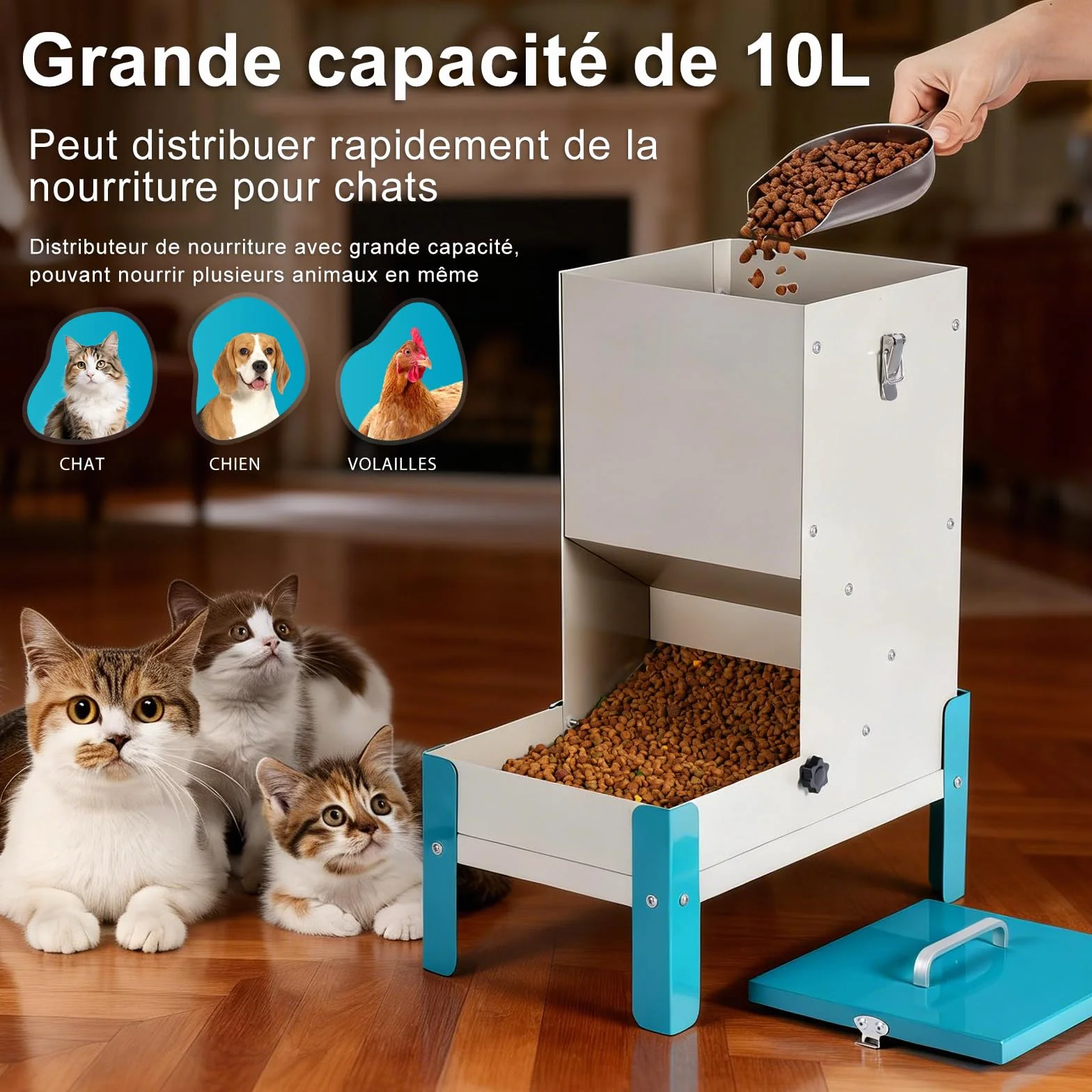 Distributeur Croquettes Chat Automatique 10L Gamelle Surélevée pour Chien Mangeoire Secs Métal Amovible