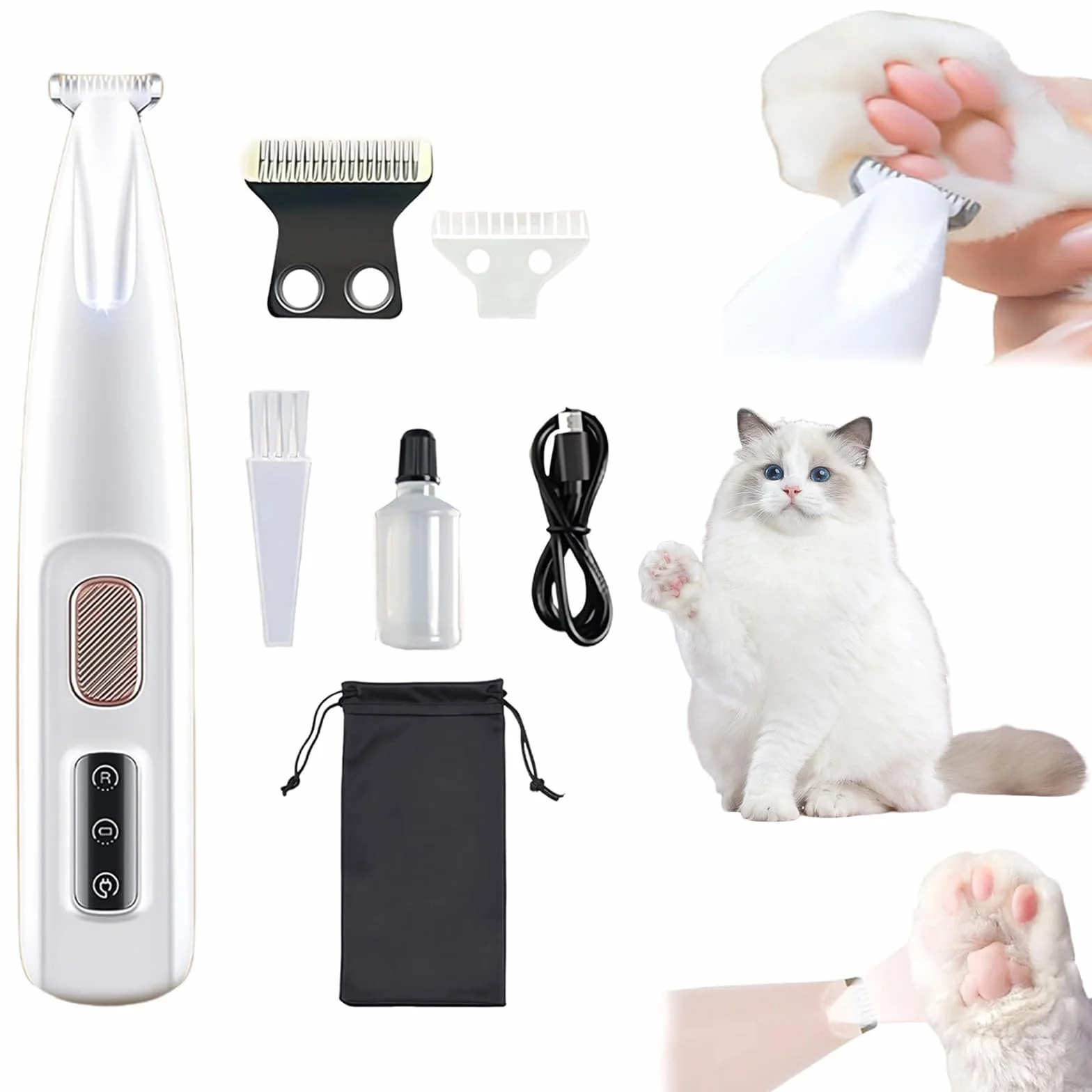 Tondeuse Chat Professionnelle Silencieuse IPX7 Sans Fil Rechargeable USB 3 en 1 pour Chat et Chien