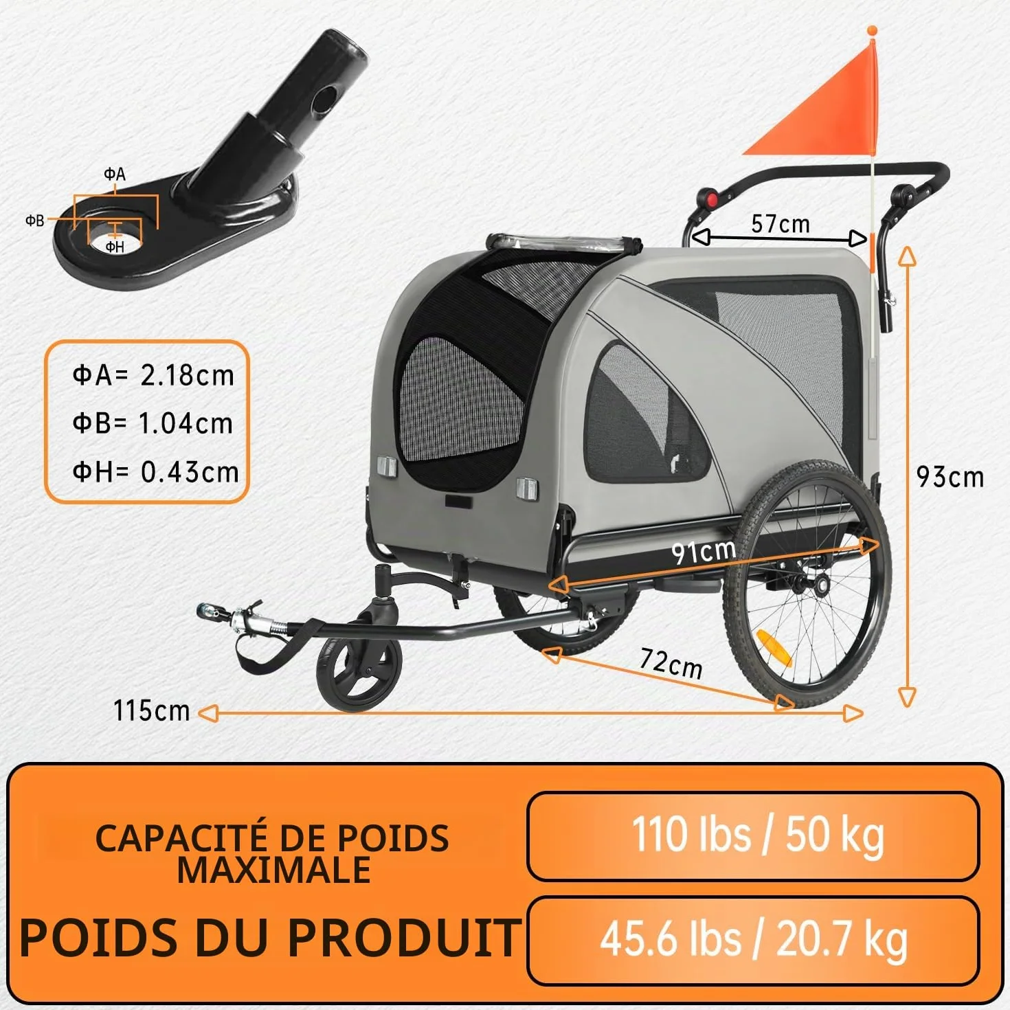 SEPNINE 2-en-1 XXL Remorque de Vélo pour Chien avec Ouverture de Toit, Réflecteurs et Bandes Réfléchissantes, avec attelage de vélo Universel, Cordes de Sécurité, Pliable, jusqu'à 50kg