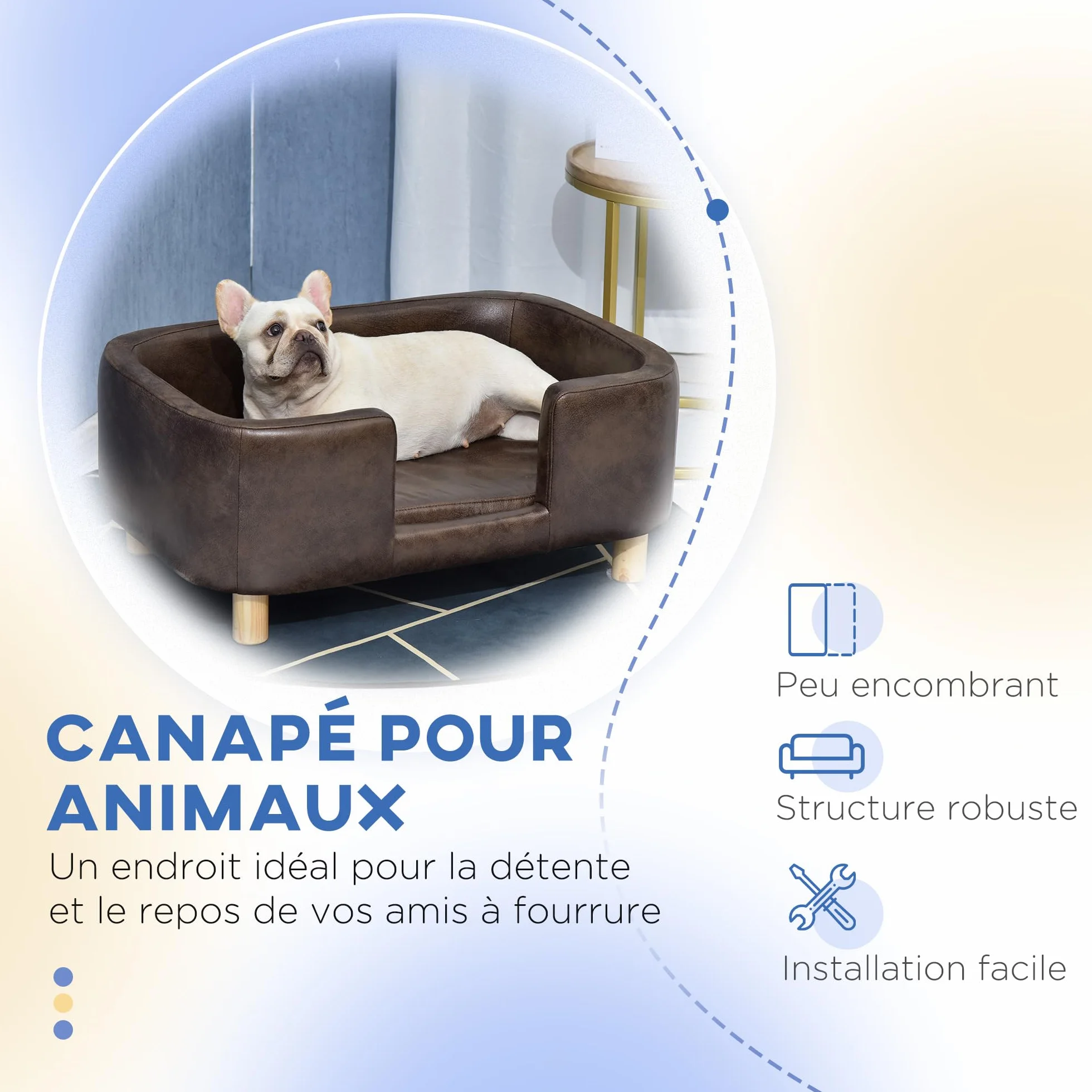 PawHut Canapé Chien lit pour Chien Chat Rebord Coussin Moelleux Pieds Bois Massif 74 x 48,5 x 31 cm Micro-Fibre Chocolat