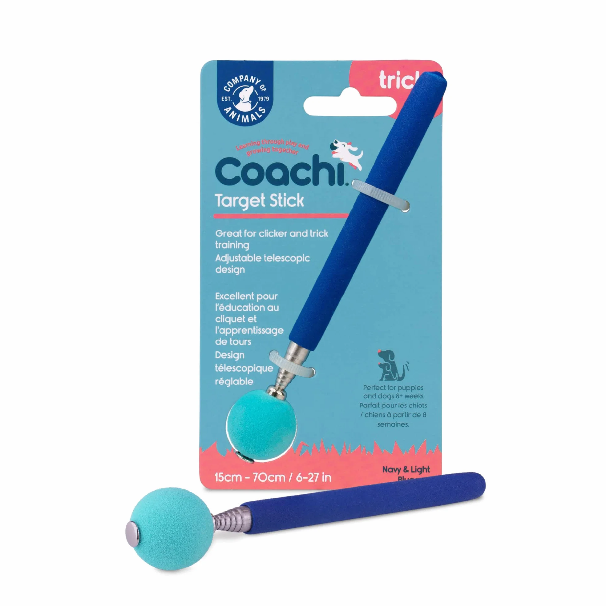 Target Stick Coachi, conception télescopique avec grande balle cible, accessoire pour chien pour le dressage au clicker et à l’agilité, apprentissage d’ordres et tours, adapté aux chiens et aux chiots