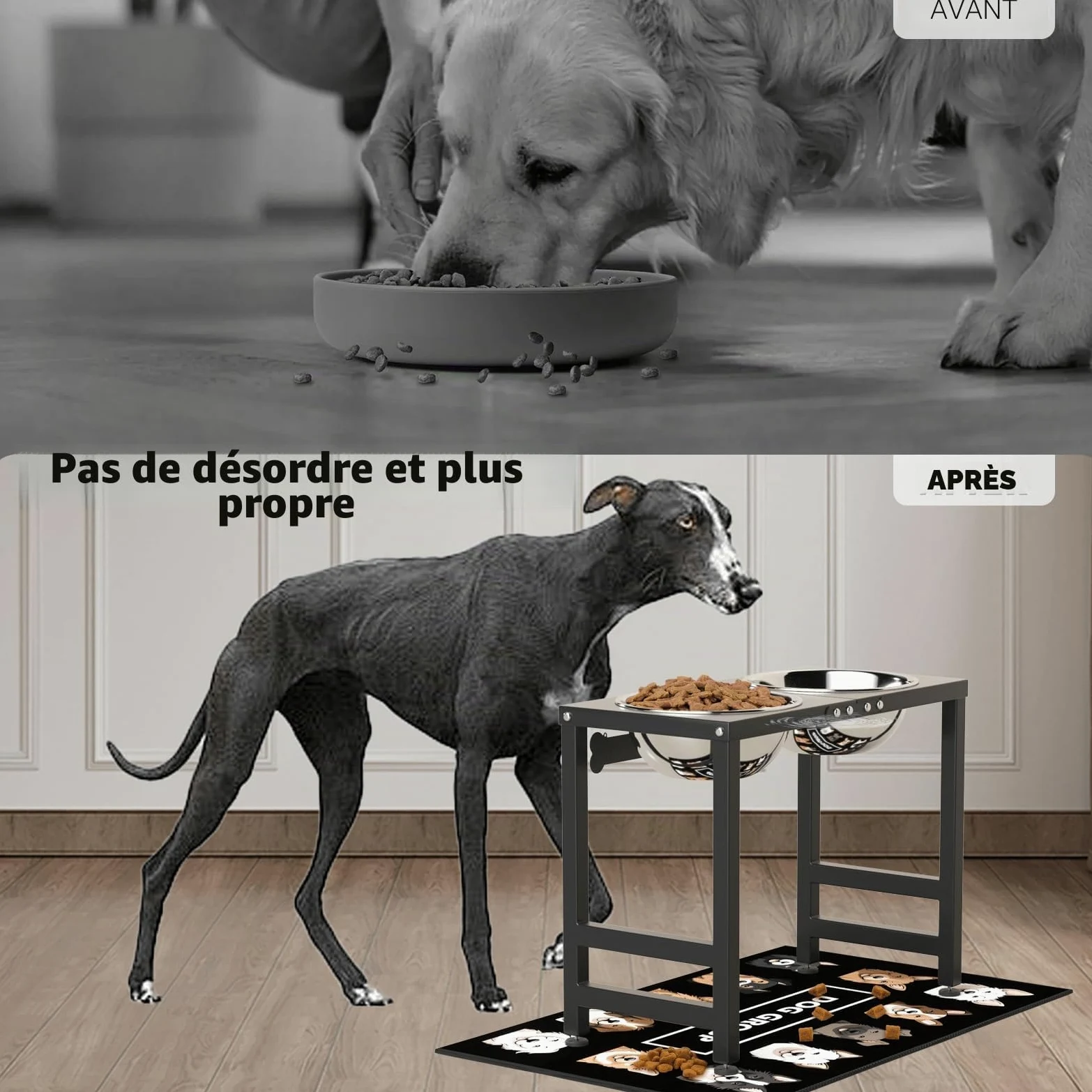 ADENGL Gamelles surélevées pour chiens de grande et grande race, support de bol surélevé avec 2 gamelles en acier inoxydable (2,863 g) et tapis anti-déversement, mangeoire pour chiens de très grande