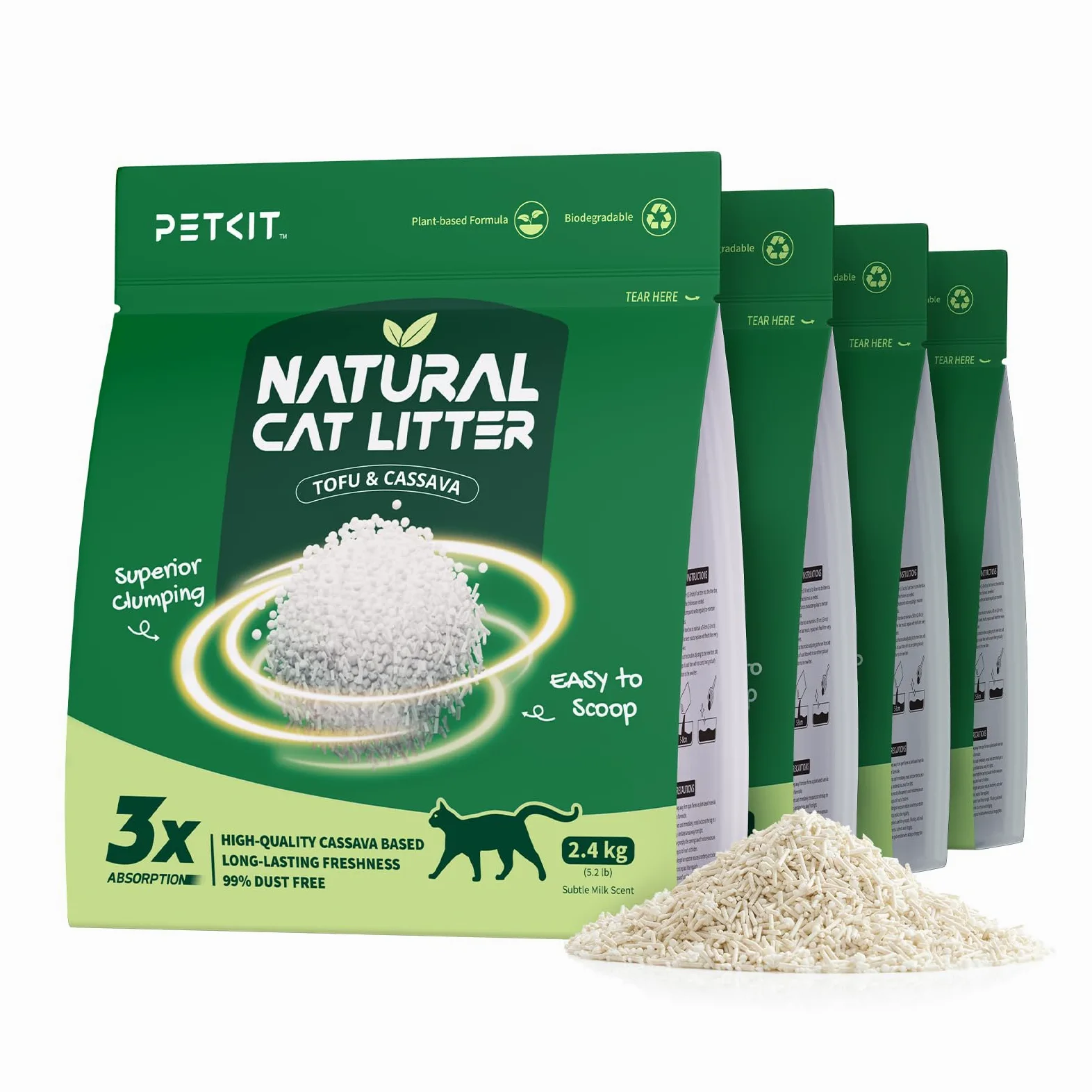 PETKIT Llitiere pour Chats New Botanical Hybrid, Ingrédients Naturels, Agglutination Rapide,Réduction des Odeurs, Facile à Ramasser, Pas de Poussière (Quatre Sacs,2.4kg/Sac)
