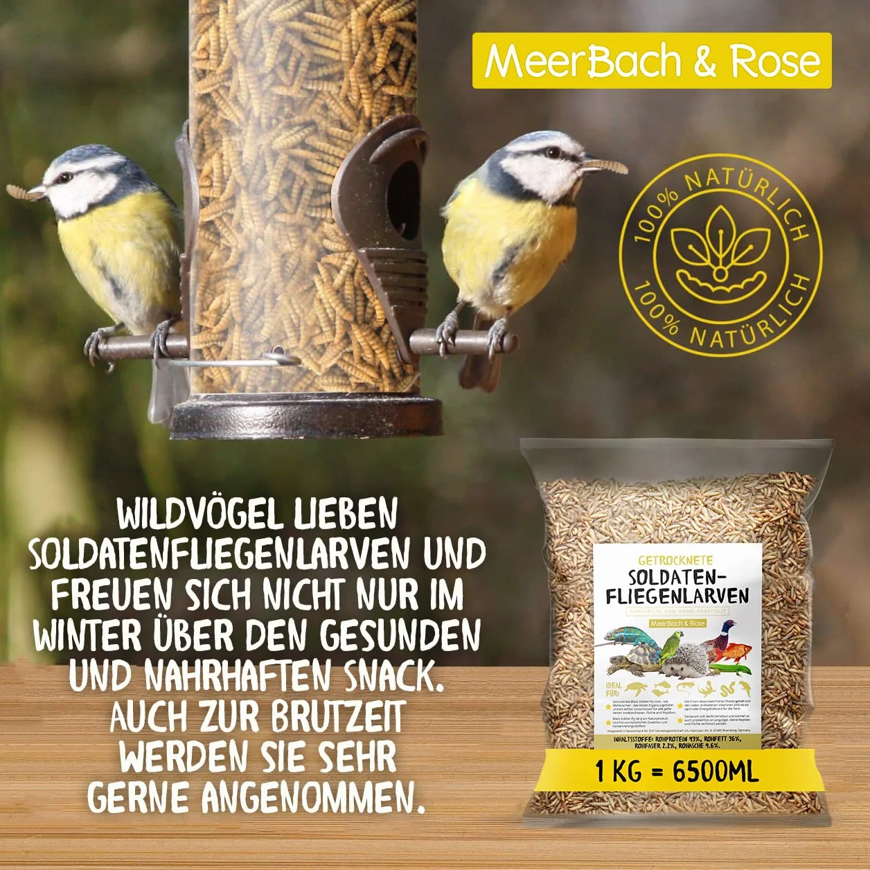 Larves de mouches soldats séchées - Black Soldier Fly - 1 kg (équivalent à 6,5 l) Aliment en sachet, collation riche en protéines pour oiseaux sauvages, poissons, reptiles, tortues et hérissons
