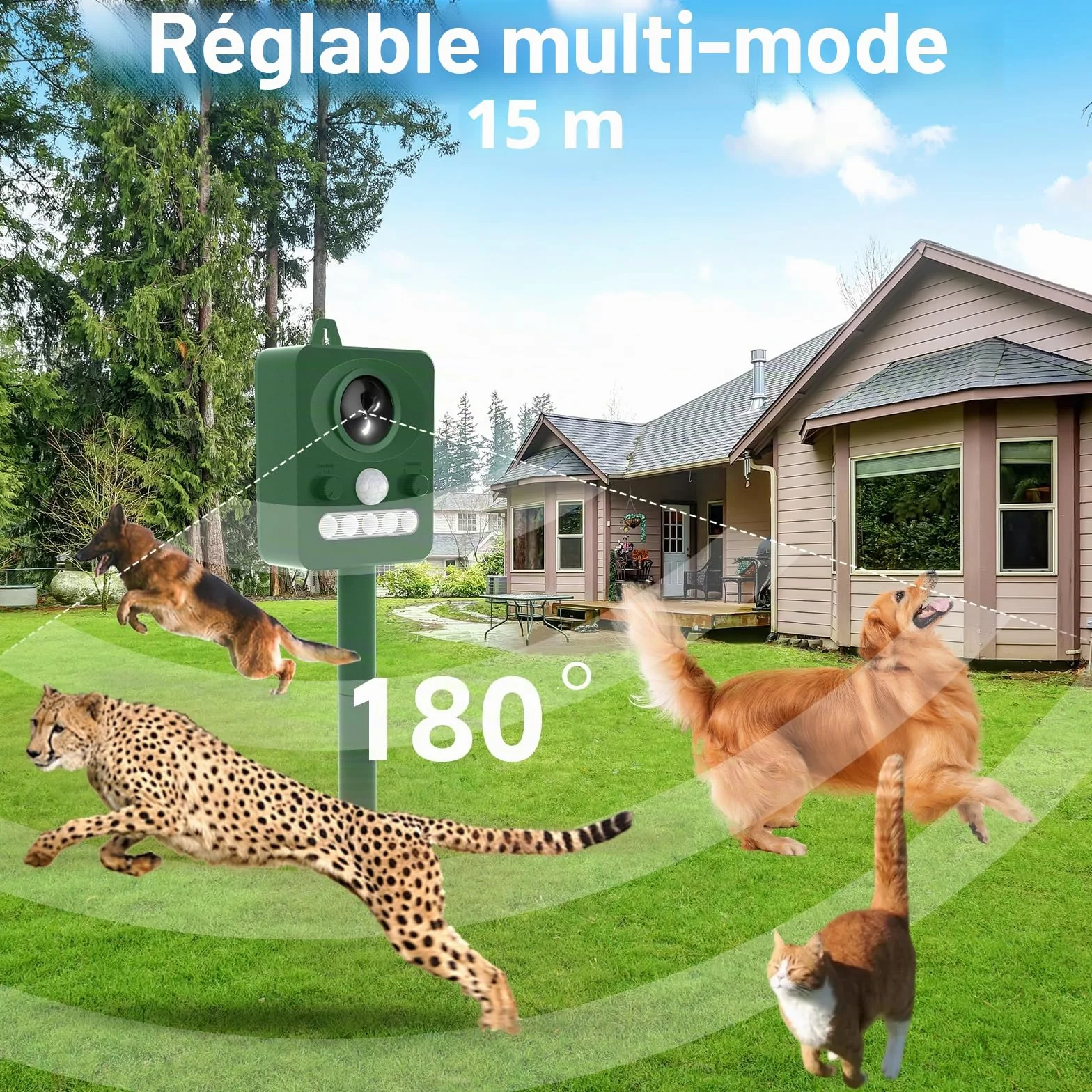 Répulsif Chat Ultrason Extérieur Puissant Étanche Capteur Mouvement 15m Recharge Solaire USB Anti Pigeons Balcon