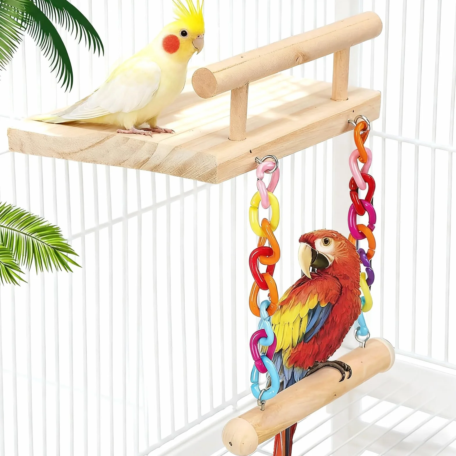 Perchoirs à Oiseaux en Bois avec Balançoire, Jouet Perroquet à Mâcher pour Pinsons, Perruches, Calopsittes, Cacatoès