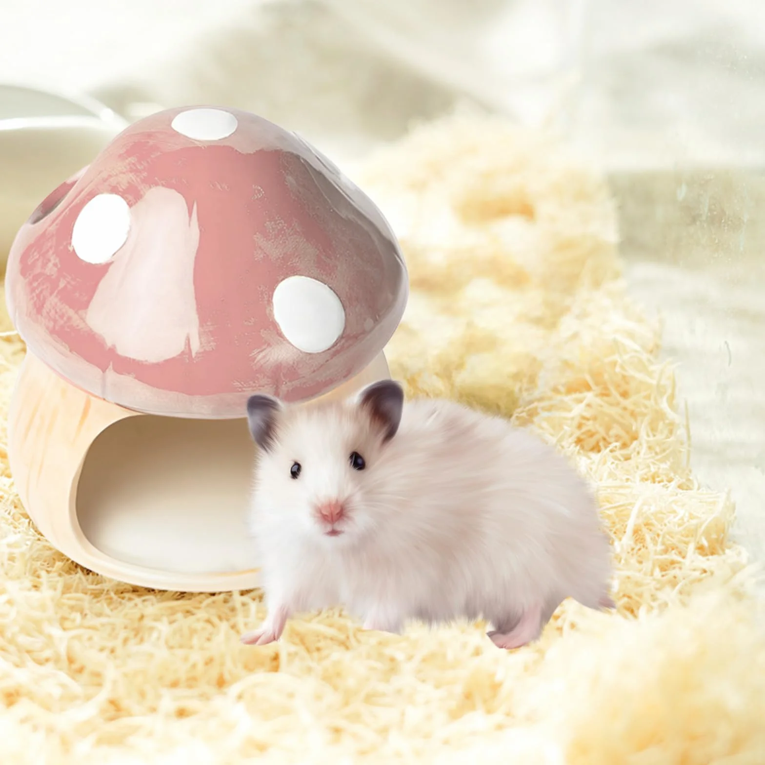 Nizirioo Niche unique en céramique pour hamster : cachette durable pour hamster, cabane et jouet dentaire, tunnel en forme de champignon, grandes entrées pour gerbilles, souris, chinchillas (rose)
