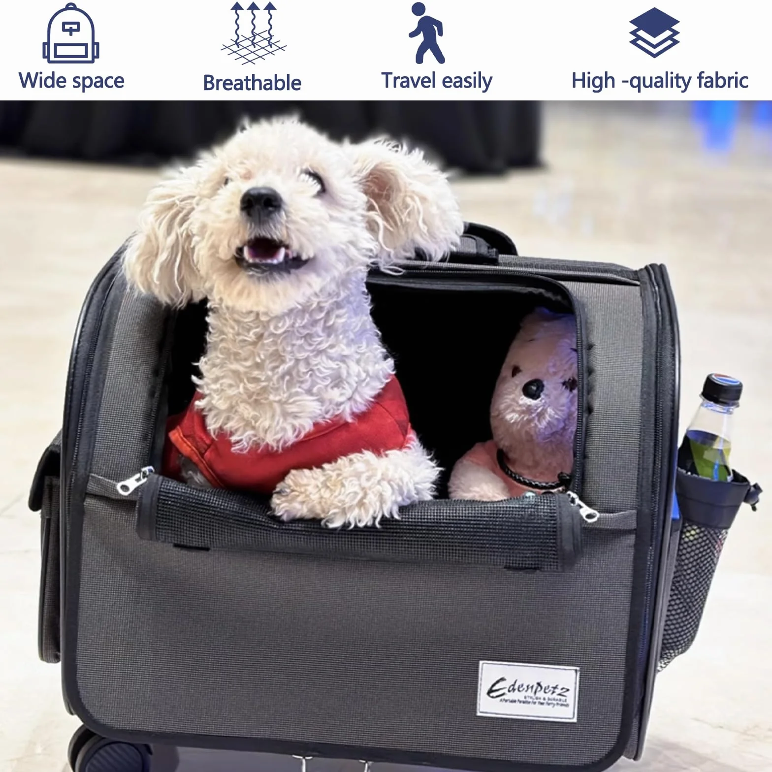 Galatée Sac de Transport pour Chien avec Roulettes Amovibles, Approuvé par les Compagnies Aériennes, Pliable pour Chat, Poussette pour Animaux (Blanc)