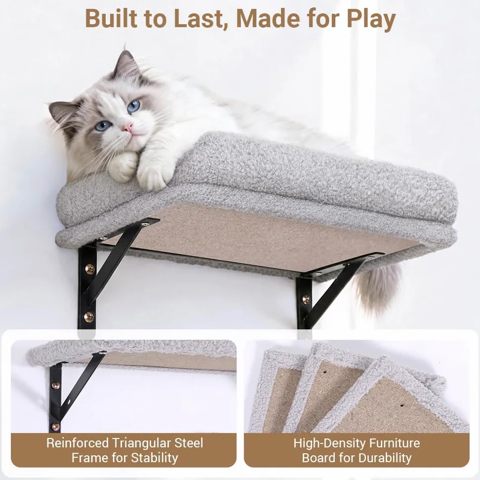 PawGiant Ensemble de mur d'escalade 5 en 1 pour chat, éléments muraux en bois, gris clair | Ensemble mural stable pour chat avec arbre à chat, planche à chat, niche, pont suspendu et repos, jusqu'à 18 kg