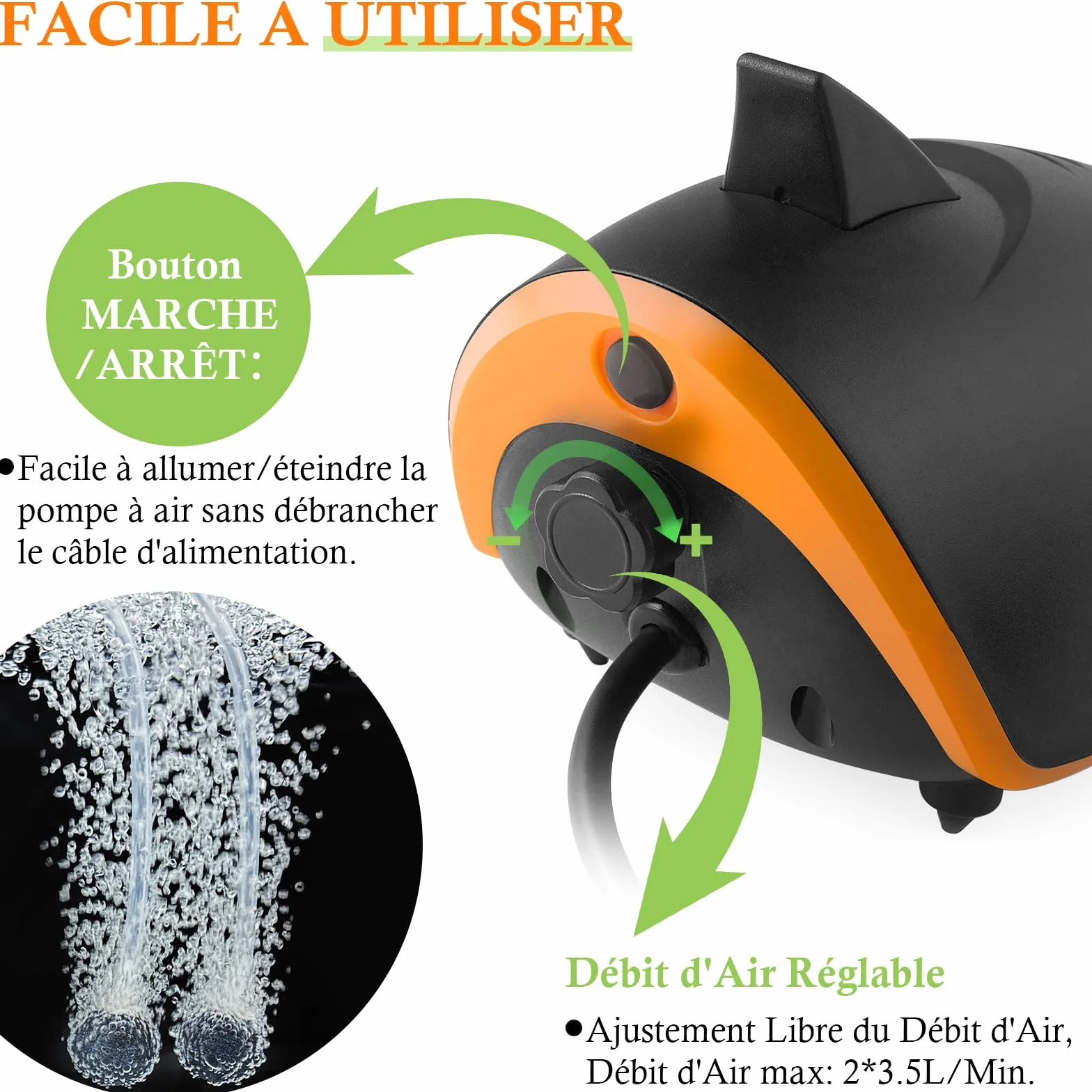 Pompe à Air Puissante pour Aquarium 420L/H 4W 2 Sorties Métalliques avec Lumière LED Réglable 30-600L