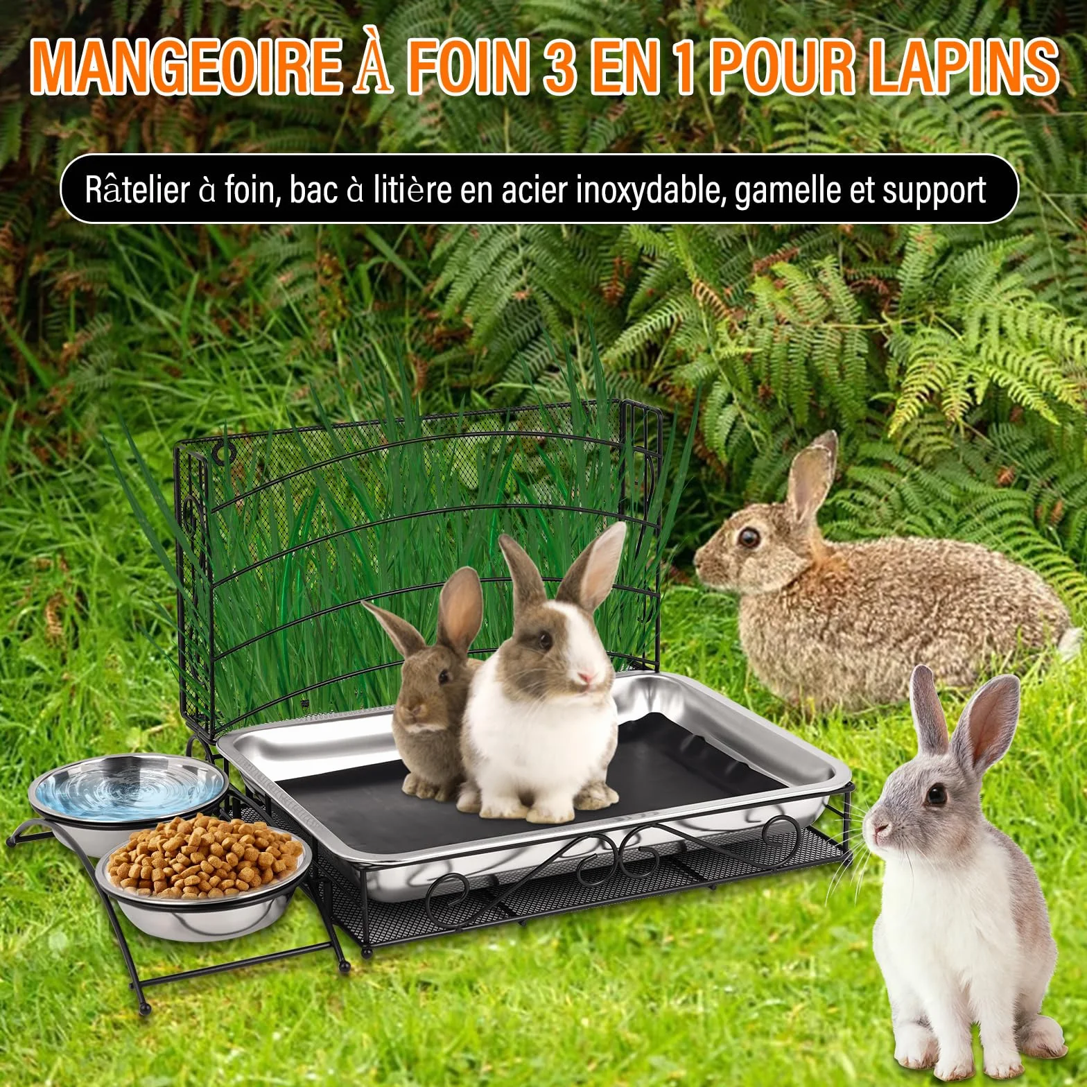 Mangeoire à Foin Pour Lapin 3-en-1 Avec Tapis Imperméable et Bol d'Eau