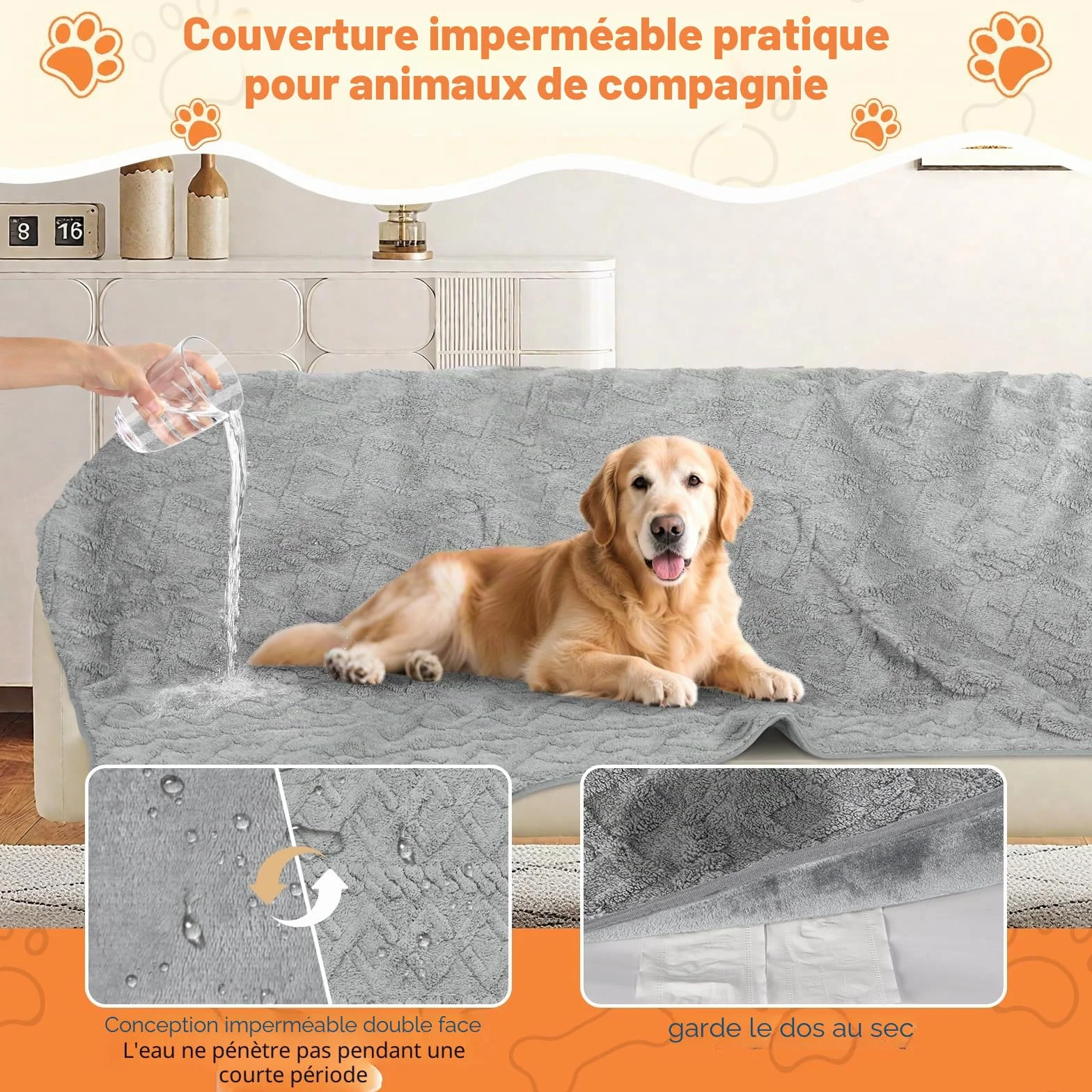 Couverture Chien Imperméable 100x75cm Flannel Réversible Lavable Machine Gris