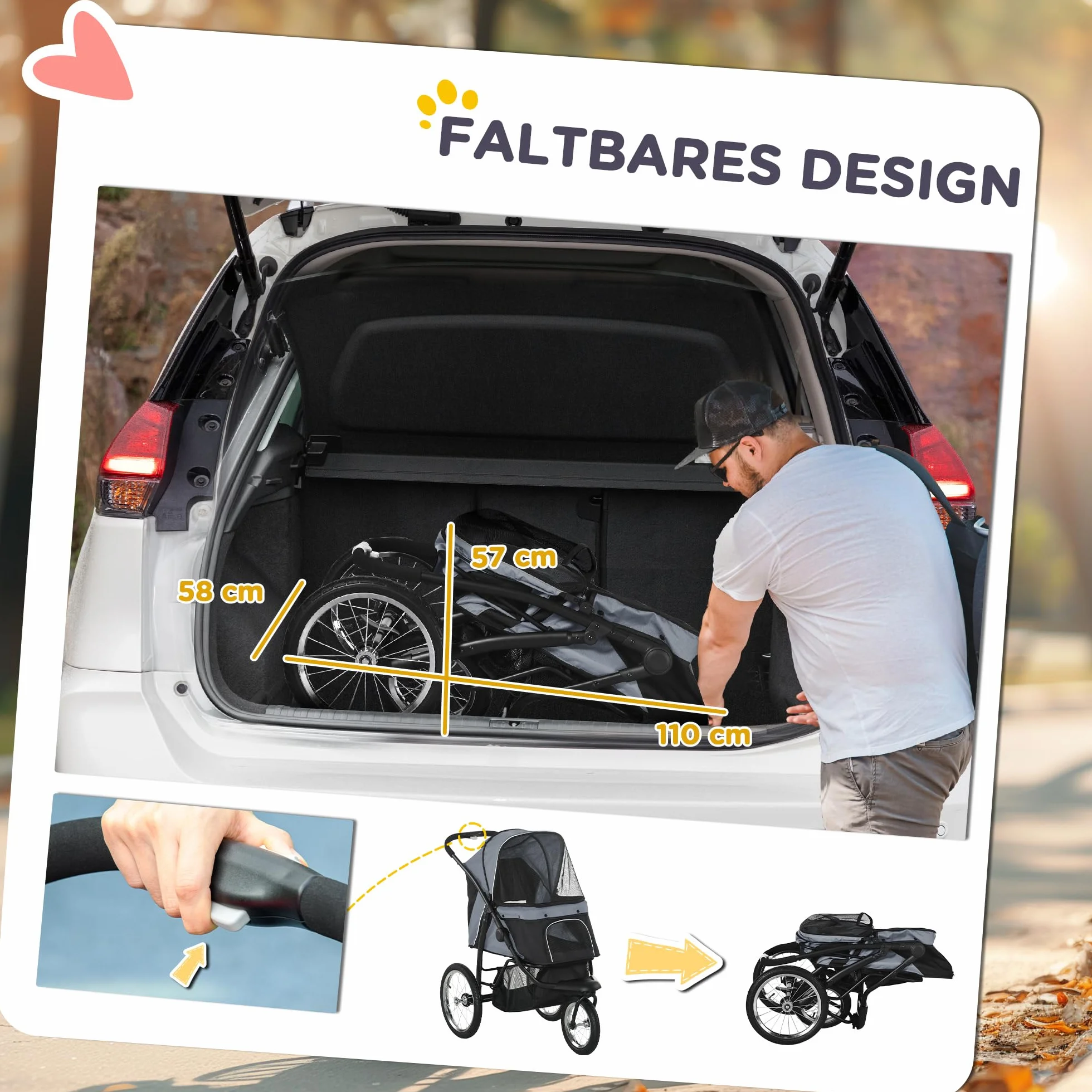 PawHut poussette pliante pour chien et chat avec réflecteurs, protection solaire, fenêtre en filet, panier de rangement