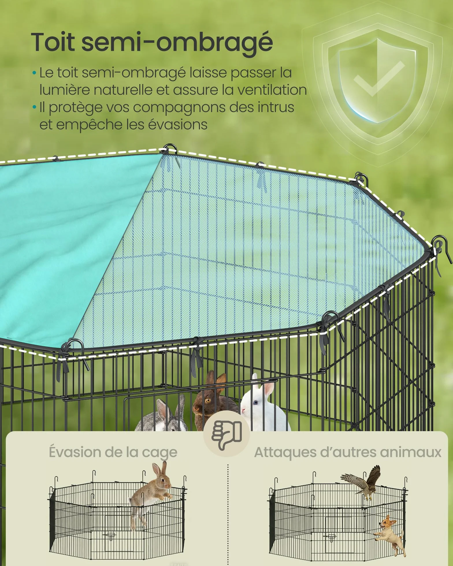 SONGMICS Enclos pour Petits Animaux 8 Panneaux 138 x 138 x 60 cm Noir d'encre avec Toit Respirant Protection Solaire