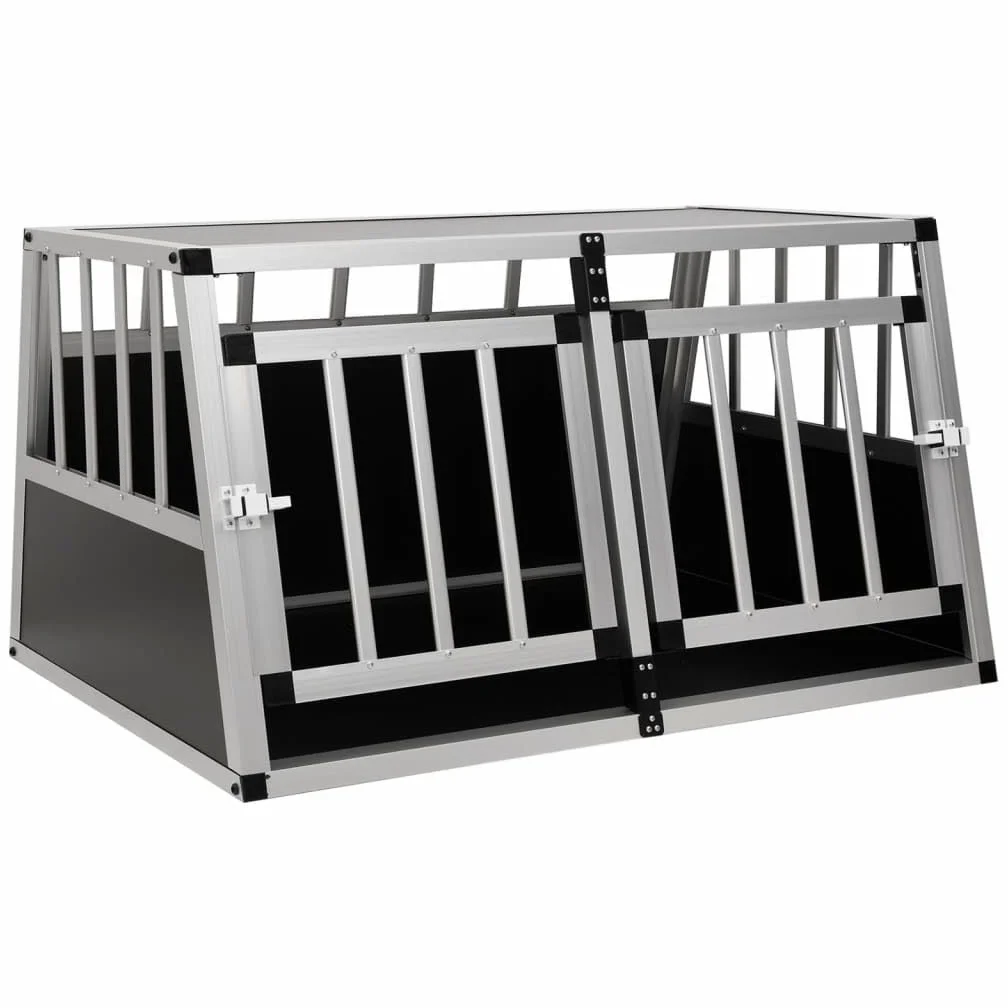 Caisse de Transport en Aluminium pour Chien, Cage Box de Transport Voiture pour Chien Animaux à Double Porte 89 x 69 x 50 cm
