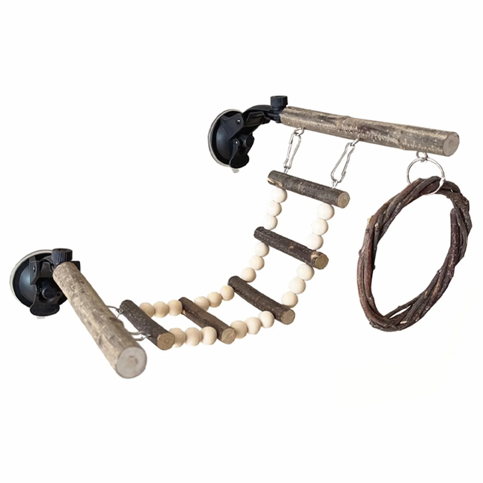 Perchoir à Oiseaux pour fenêtre – Support à Ventouse réglable en Bois avec balançoire et échelle