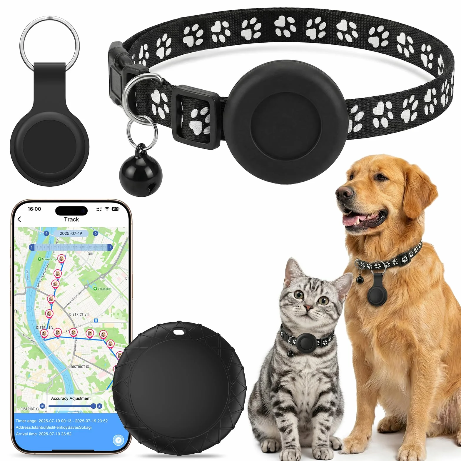 Traceur GPS Chat, Collier GPS Chat Chien sans Abonnement/Carte SIM, Compatible iOS et Android, Intelligent de La Localisation en Temps, Étanchéité IPX6, Collier GPS pour Chien,Chats,Voitures - Noir
