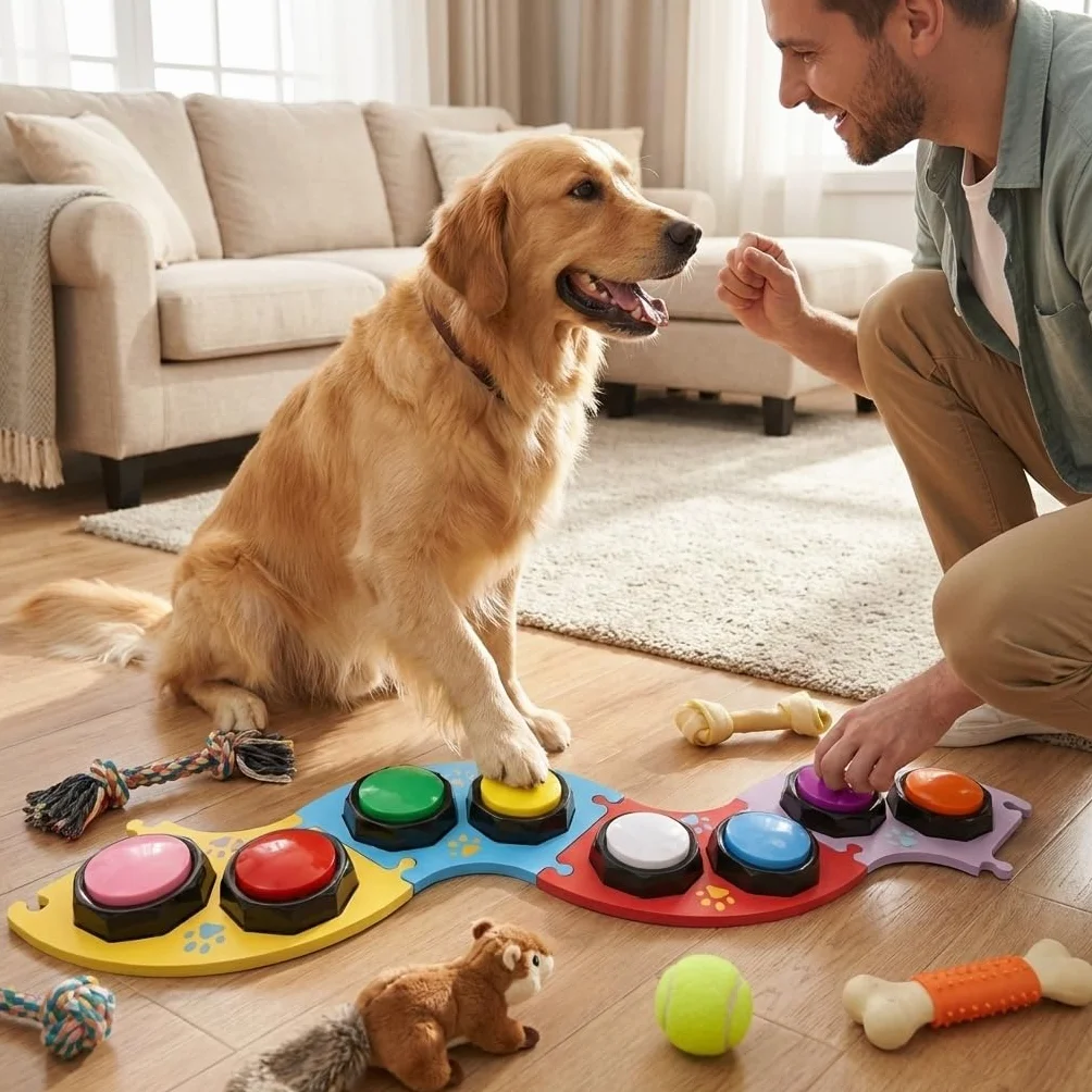 8 Boutons de Communication pour Chien colorés, Bouton de Conversation pour Chien, Bouton pour Chien, 50 Autocollants et 4 plaques d'accessoires pour Apprendre à Votre Chien à Parler