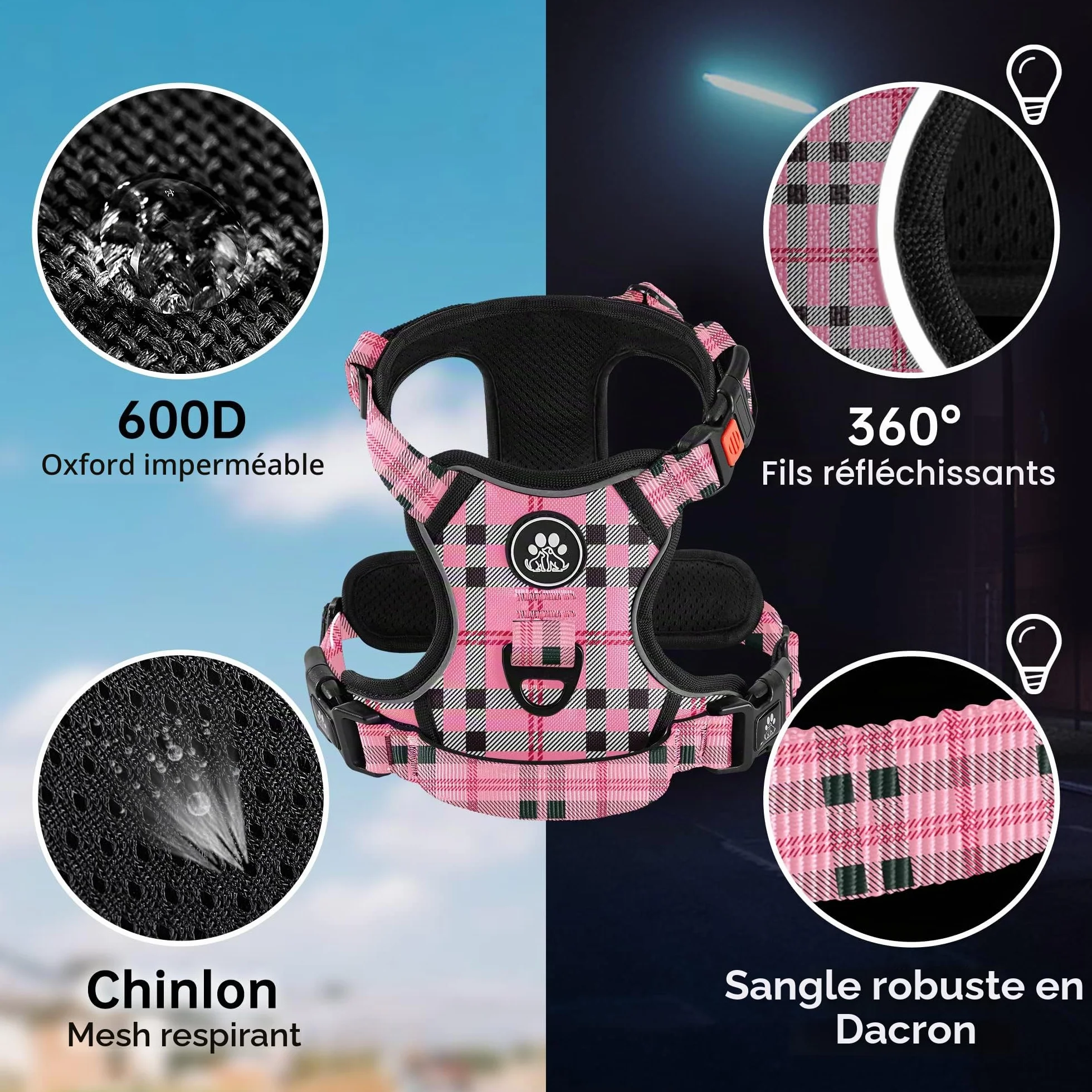 NESTROAD Harnais Anti Traction Chien Moyen Rose Plaid Taille M 33~43CM 43~64CM