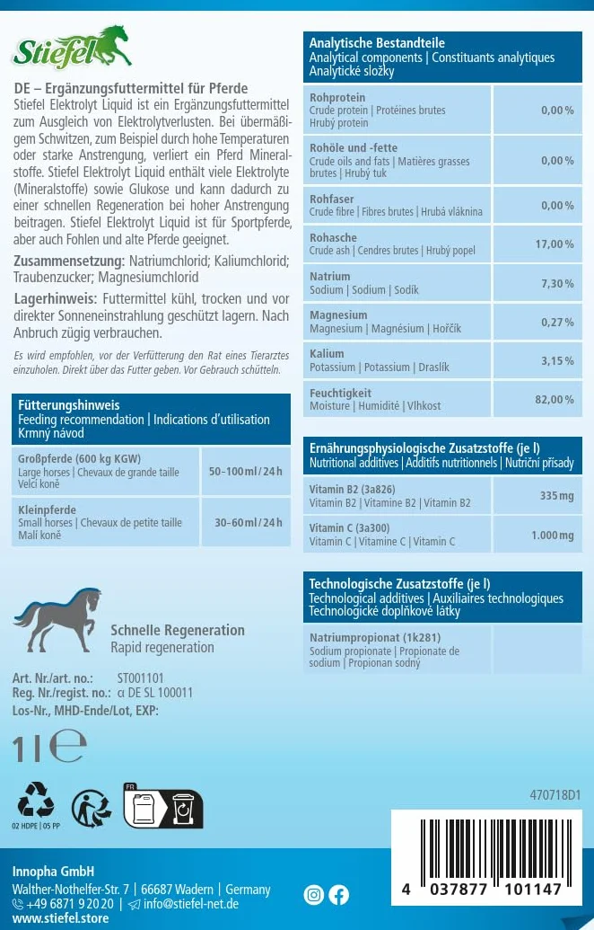 Stiefel Electrolyte Liquide pour Chevaux - Électrolytes pour compenser les pertes en cas de chaleur ou d'effort intense - Régénération Rapide