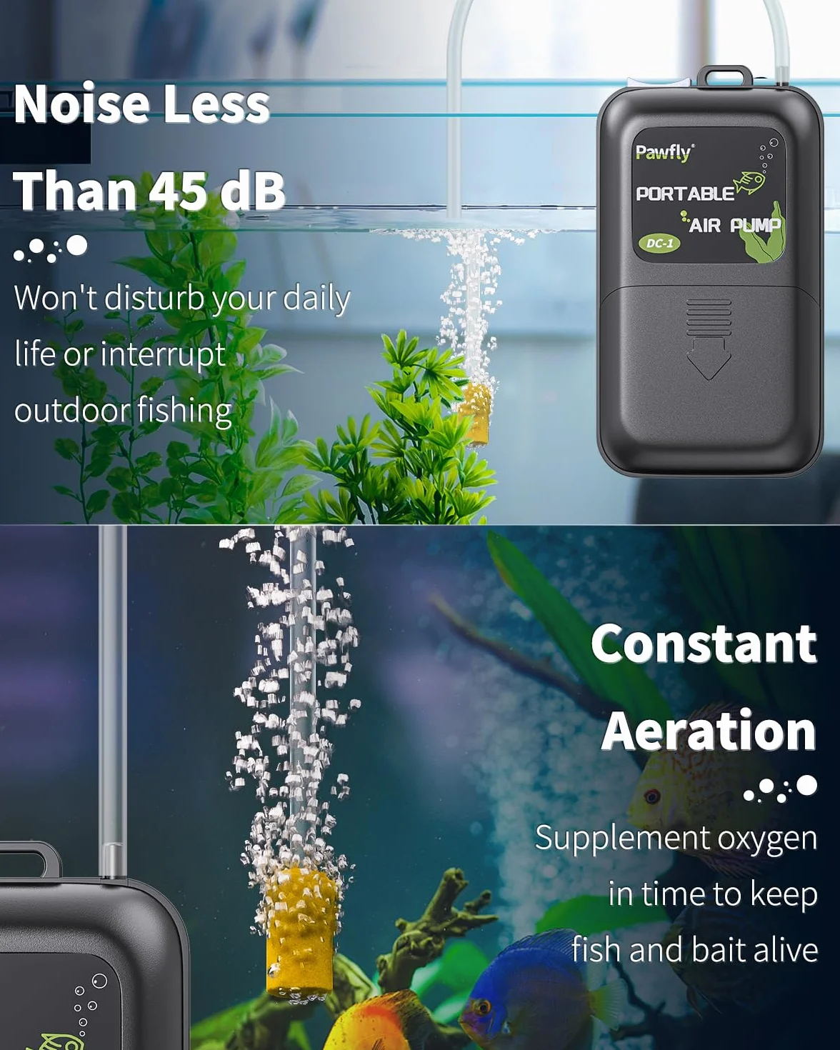 Pawfly Pompe à air Aquarium 2,5 L/Min Bulleur Silencieux à Pile Portable pour Aquariums jusqu'à 120L