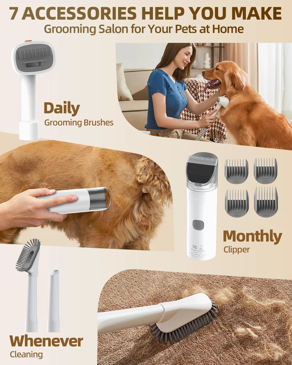 Kit aspirateur de toilettage pour chiens et chats à poils longs avec aspirateur silencieux et poubelle de grande capacité pour chiens et chats à poils longs avec 6 accessoires (ivoire)