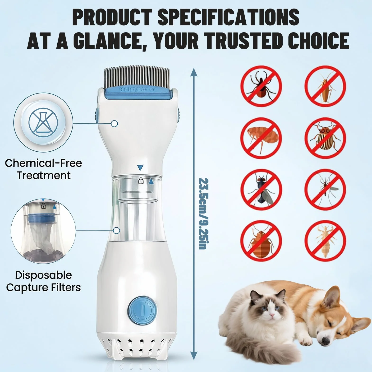 Peigne à puces électrique pour chien avec 3 sacs filtrants pour chiens et chats, anti-puces et tiques
