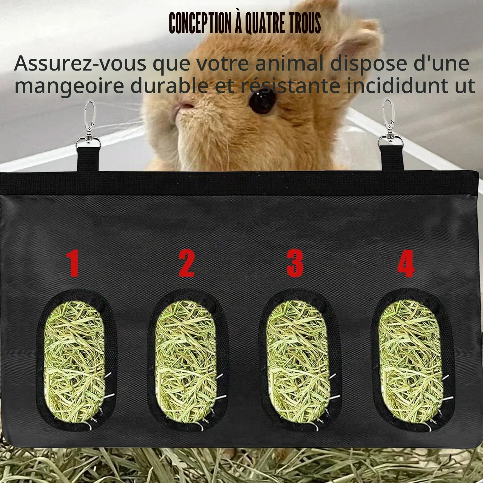 Sac à Foin pour Lapin, Distributeur Automatique Suspendu avec 4 Fenêtres, Noir