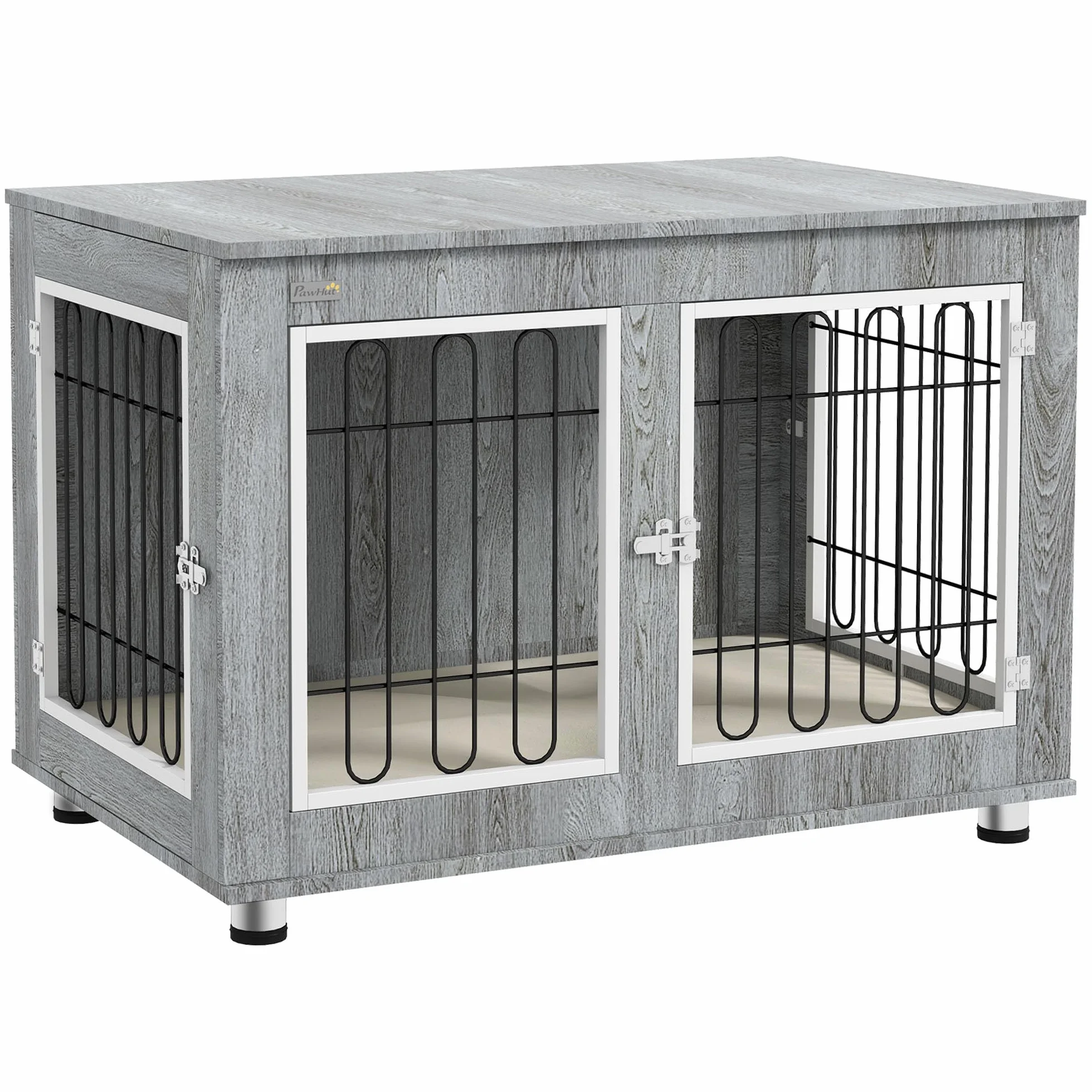 PawHut Cage pour Chien Meuble Table d'appoint Double Porte Coussin Niche Chien Moyenne Grande Taille 90 x 58 x 65 cm Gris