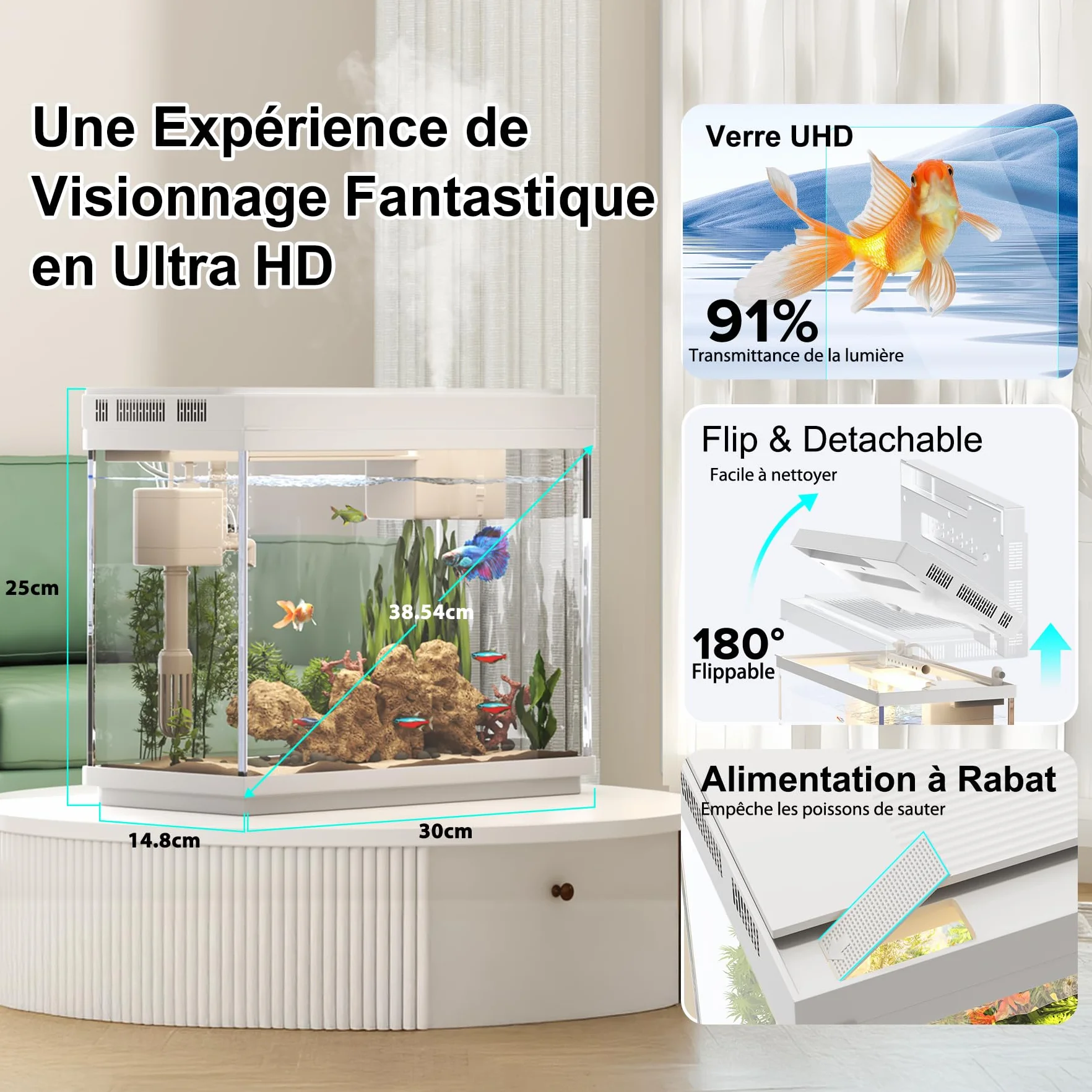 Aquarium 9L avec Humidificateur Intelligent 3 en 1, Affichage Température, Éclairage 7 Couleurs, Écran UHD