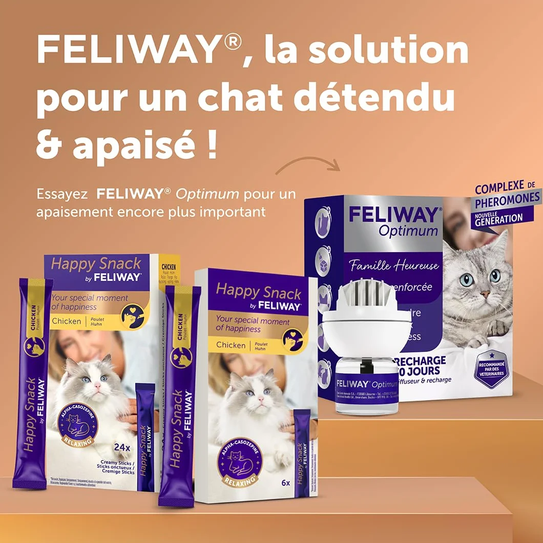 Happy Snack by FELIWAY - Pack de 5 boits - Friandise Onctueuse Relaxante pour Chat - Appréciée par 86% des Chats - sans Somnolence - Au Poulet - 30 Sticks de 15g