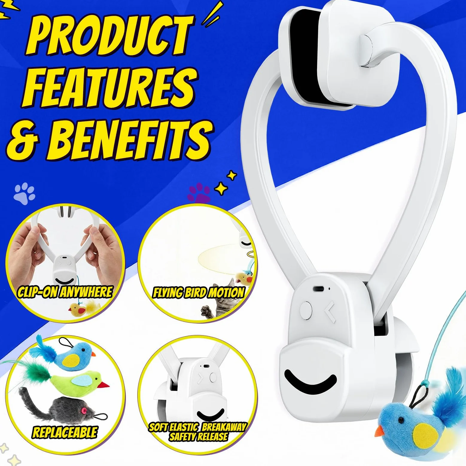 Jouets interactifs pour chats d'intérieur avec plumes d'oiseau volant électriques automatiques - Meilleur chaton et adulte - Jouet électrique à suspendre pour chats ennuyés (6 jouets) - Bleu