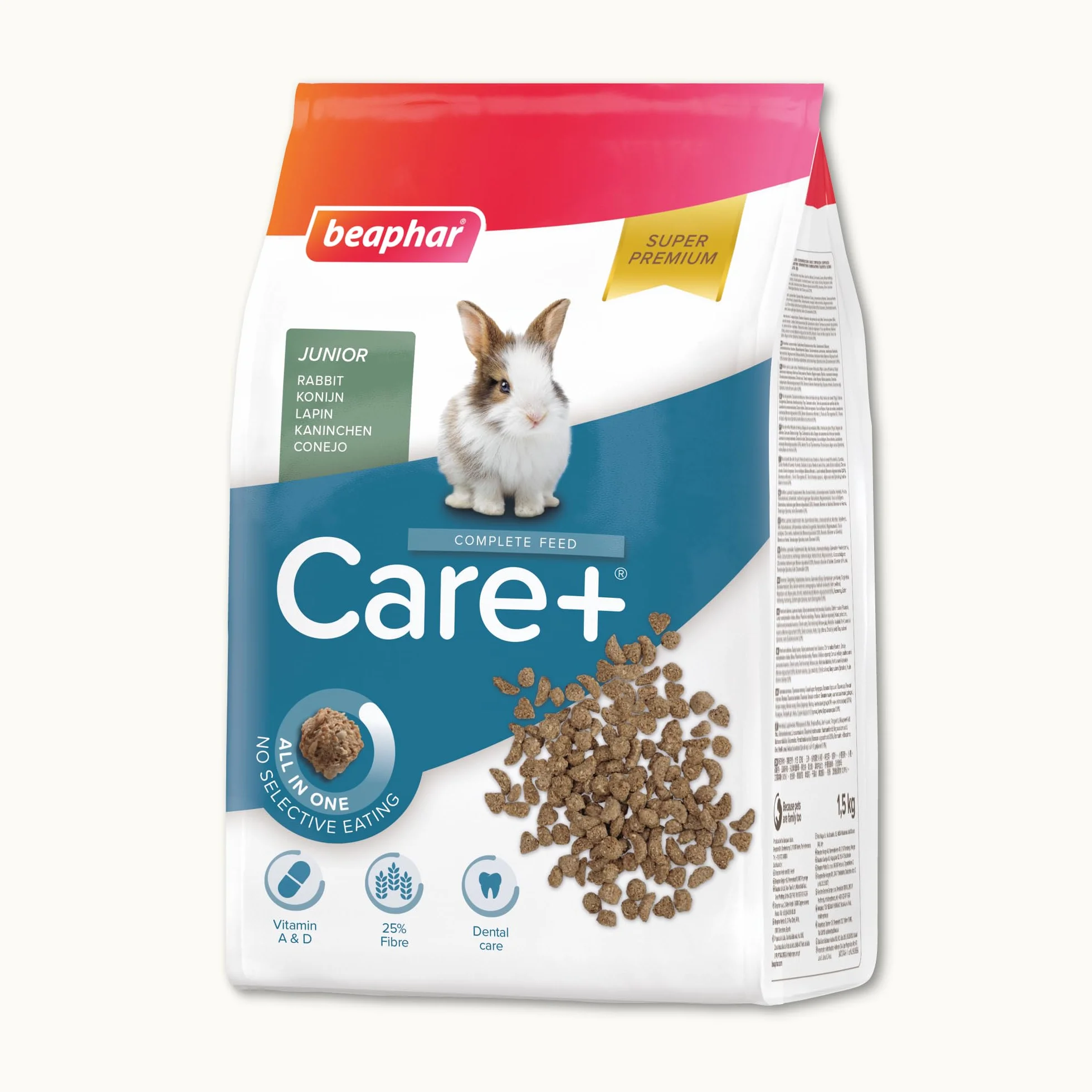 BEAPHAR Care+ Alimentation Super Premium extrudée pour Lapin Junior 25% Fibres 1.5 kg