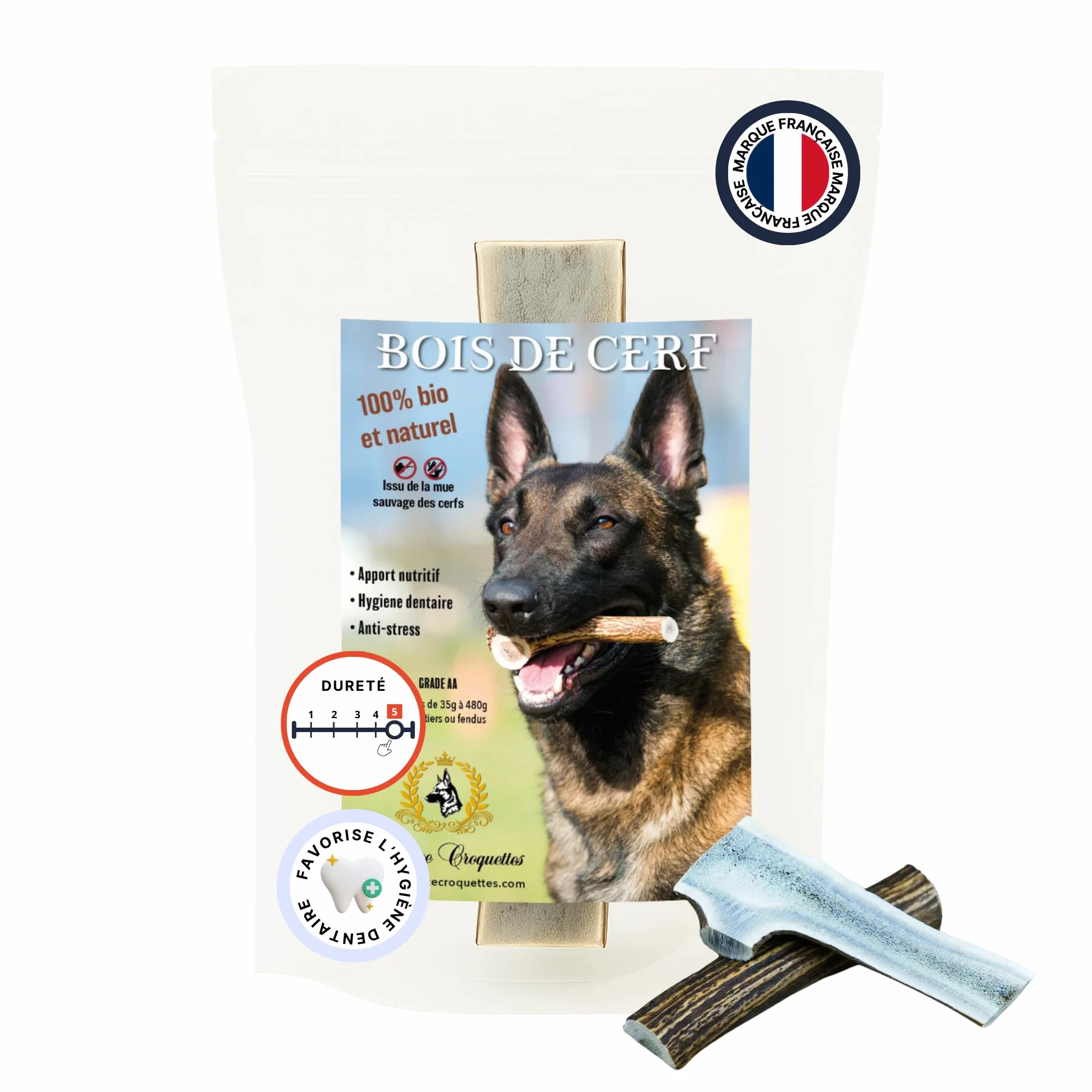 Bois de Cerf Fendu pour Chien, Friandise à Mâcher Naturelle Longue Durée, Soin Dentaire, 100% Bois de Cerf (XL)