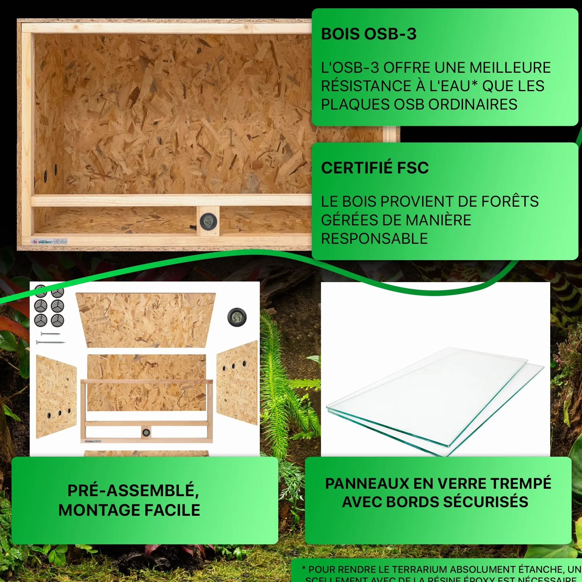 Terrarium Bois 120x60x60 cm OSB-3 avec Ventilation latérale & hygromètre intégré pour Reptiles Serpents Amphibiens