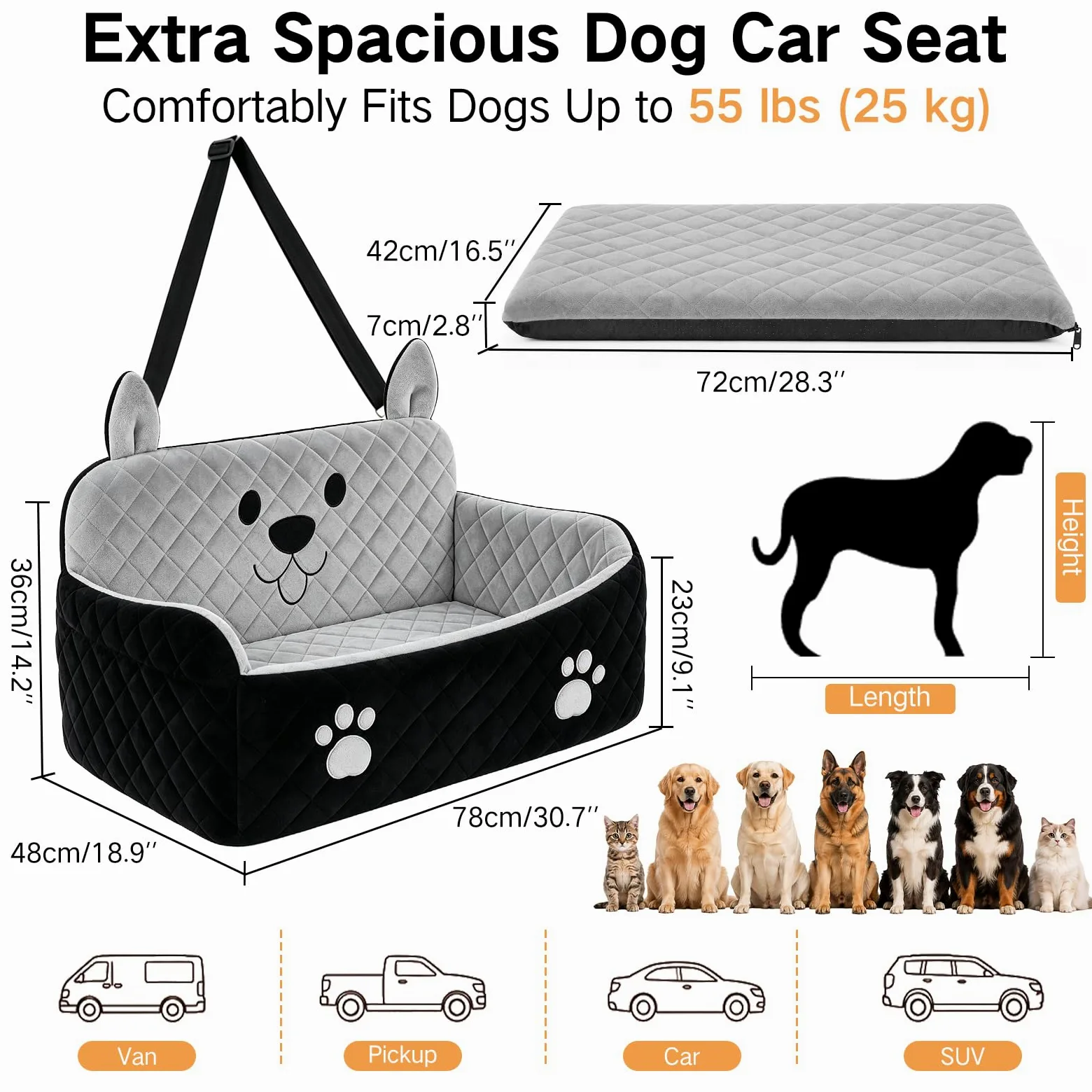 Siège Auto Grand Chien Jusqu’à 25 kg ou 2 Petits Chiens | Mousse Haute Densité, Peluche Ultra-Douce, Housse Amovible Lavable, 2 Sangles de Sécurité et Poches, pour Banquette Arrière
