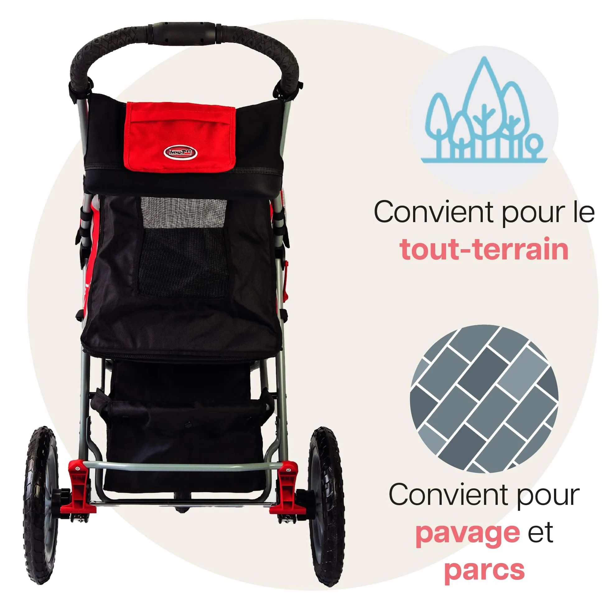 Poussette pour chiens et chats pliable Innopet Comfort Efa Eco Rouge/Noir 25 kg roues anti-crevaison 3 roues