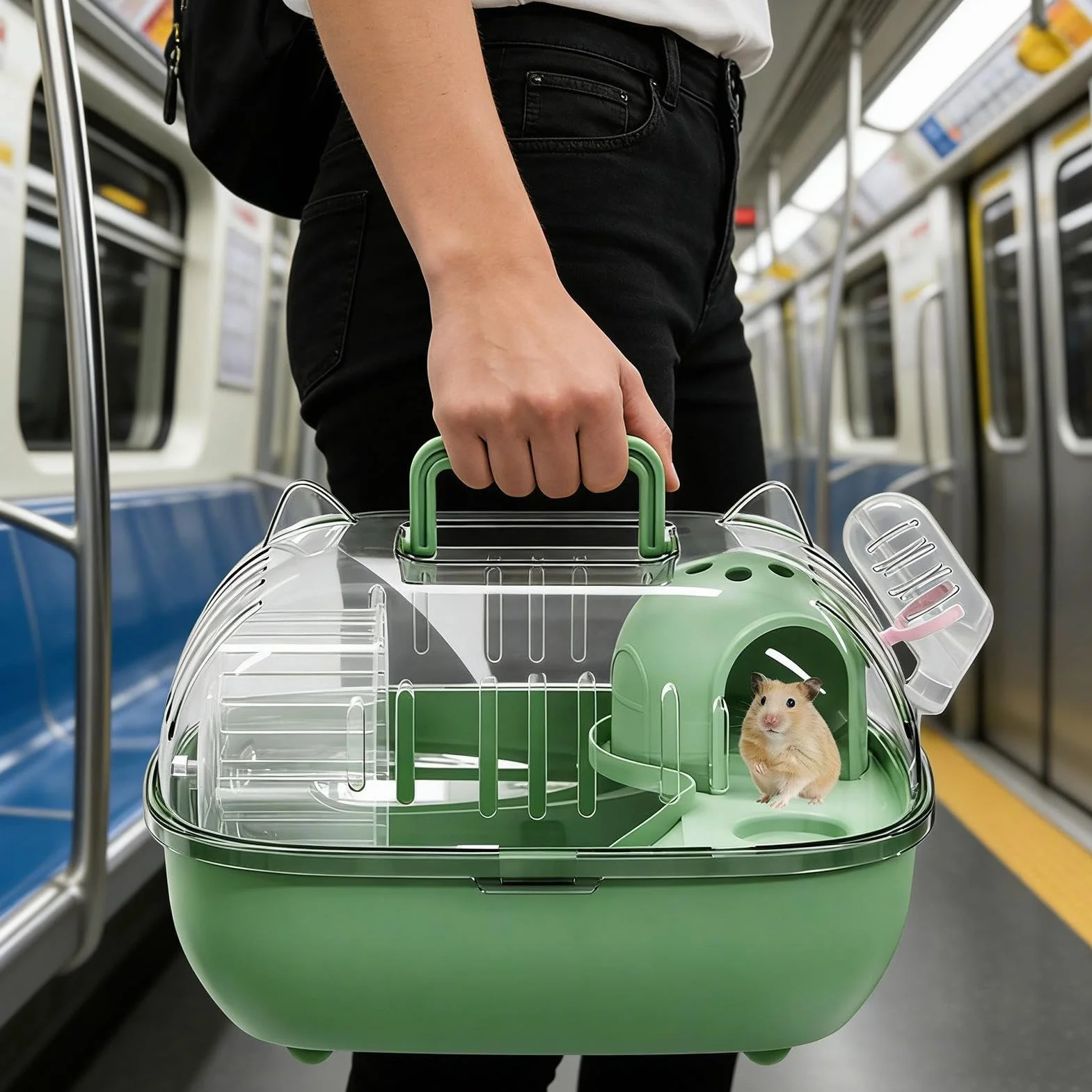 Cage de Transport Portable pour Hamster 27.5x22x20cm avec Aérations et Bouteille d'Eau Amovible