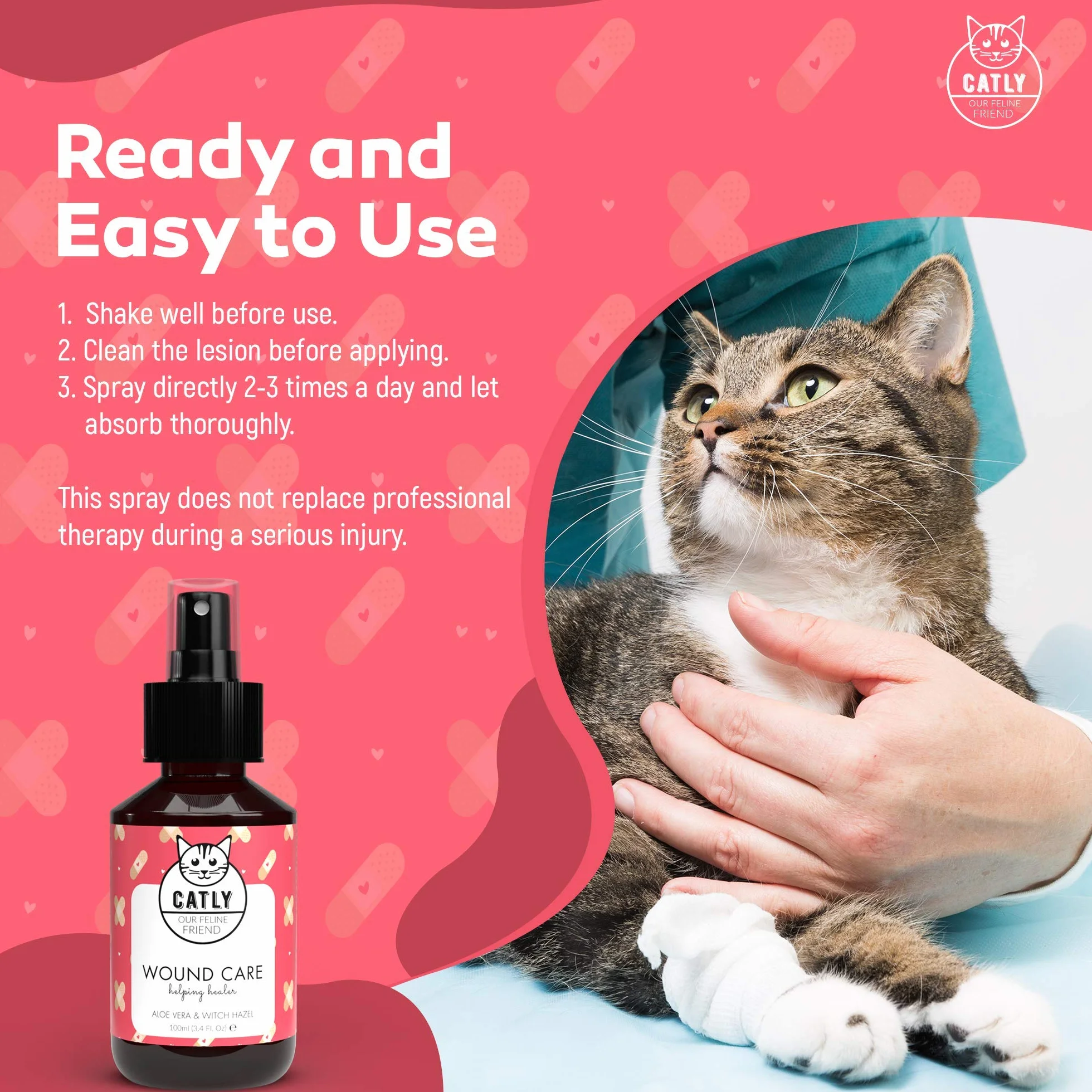 CATLY Spray Nettoyant de Plaie pour Chat - Hygiène et Santé du Chat Naturel - Aide au Toilettage - Hydrate et Protège la Peau - À l'Aloe Vera - 100 ml