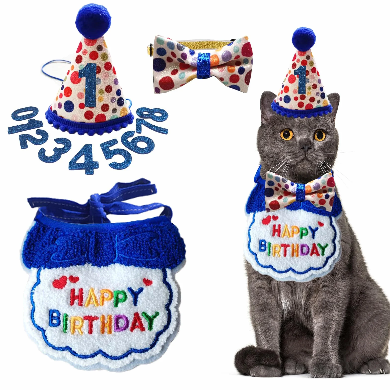 Lot de 4 chapeaux et bandanas pour chat avec nœud papillon réglable - Décorations de fête d'anniversaire pour animaux
