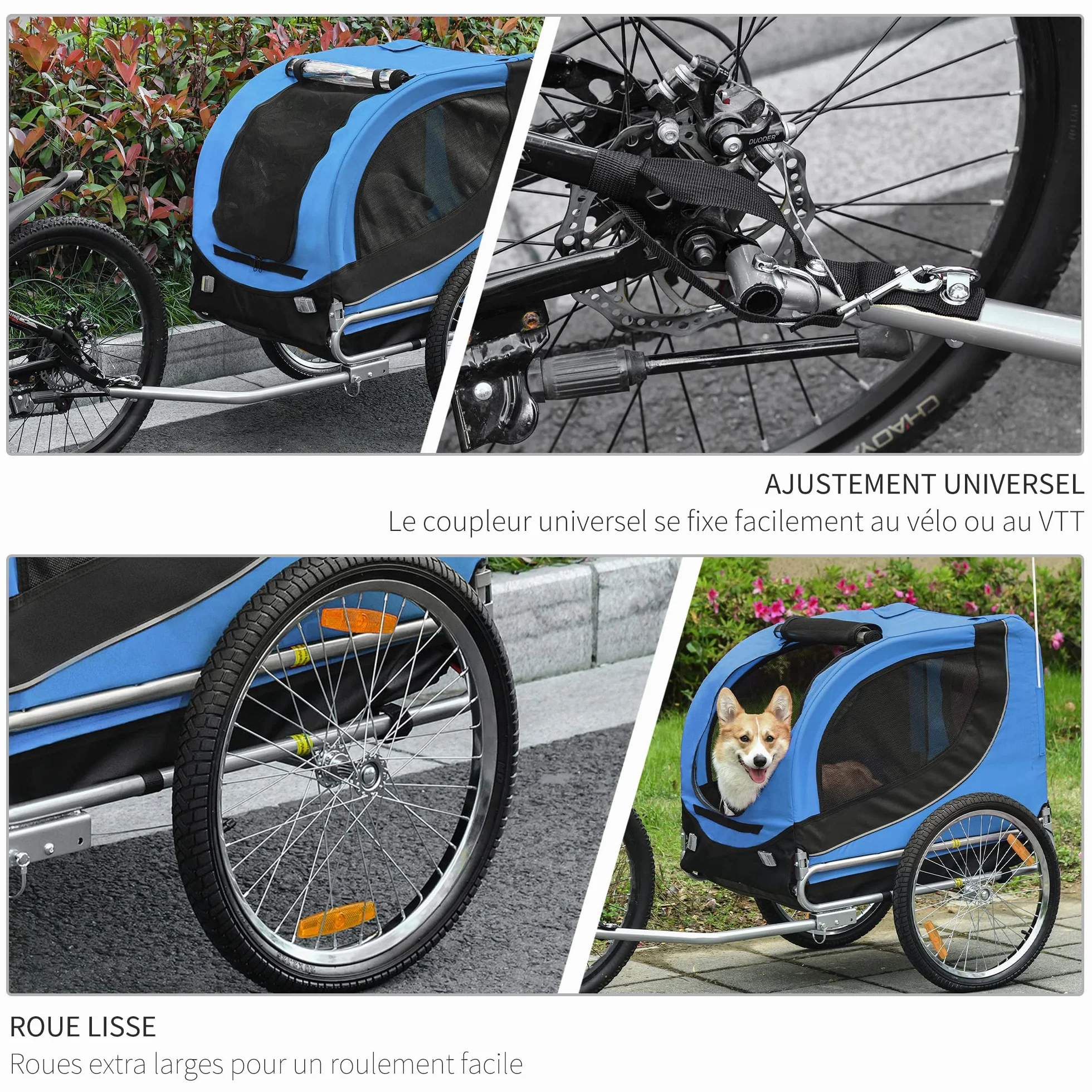 PawHut Remorque Velo pour Chien Animaux avec 8 Reflecteurs Drapeau Bleu Noir