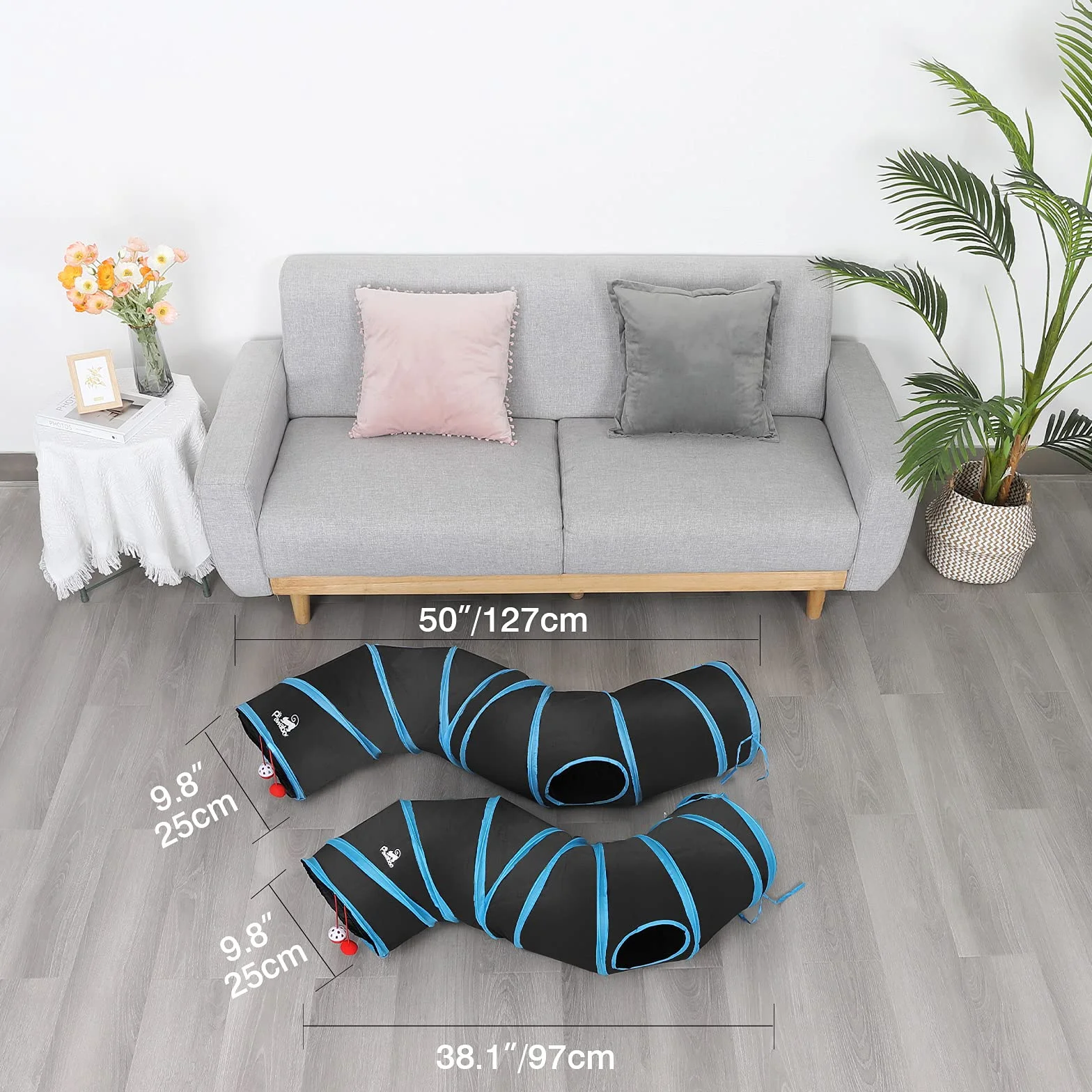 Pawaboo Tunnel Pliable en Forme de S, Jouet Interactif Tube avec Pompon et Cloches pour Chat Chiot Lapin - Noir
