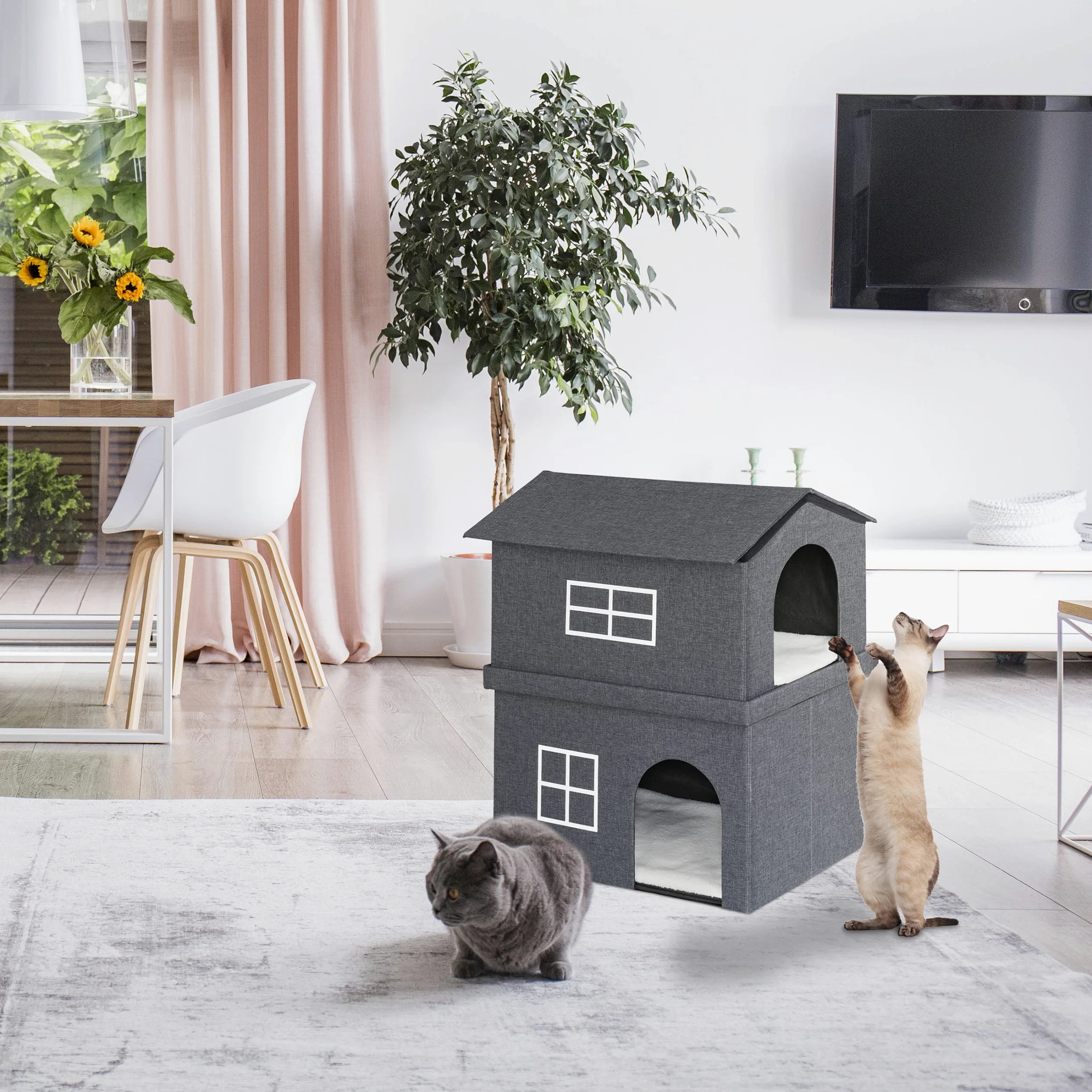 Relaxdays Maison pour Chat en Tissu, abri avec 2 Portes, HxLxP : 71,5x62,5x44 cm, Niche Chatons et Chats, Gris foncé