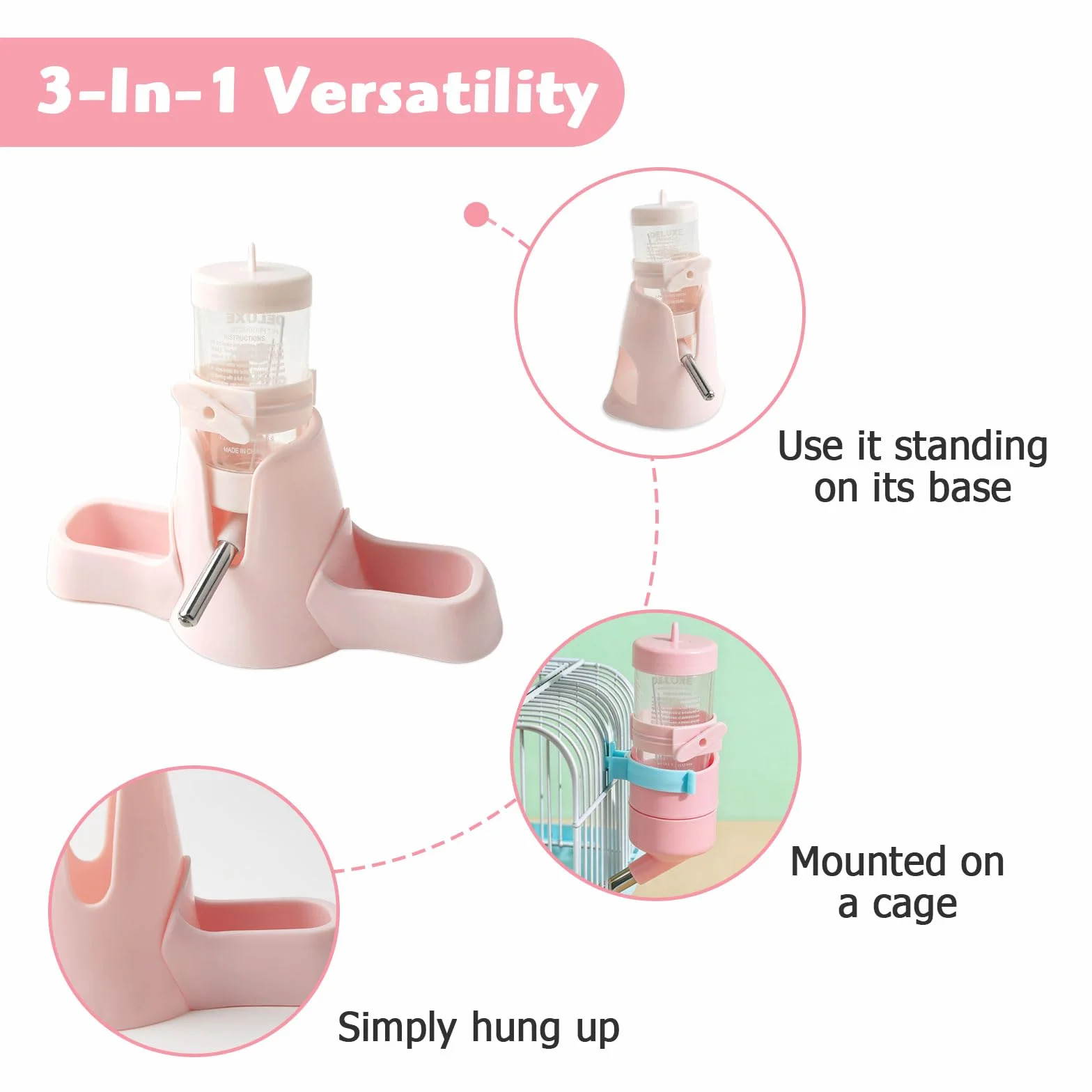 Gourde 3 en 1 pour hamster 80 ml avec double gamelle et support sans fuite distributeur d'eau automatique