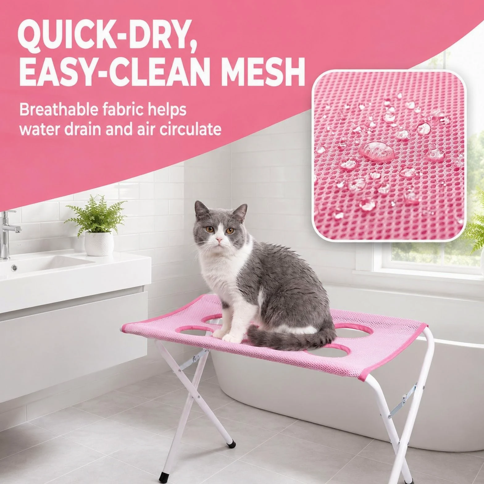 Table de Bain pour Chien Pliable, Station de Toilettage pour Animaux | Avec Surface En Filet Et Sangle De Sécurité, Support De Lavage Portable Pour Petits Et Moyens Chiens Et Chats(Pink)