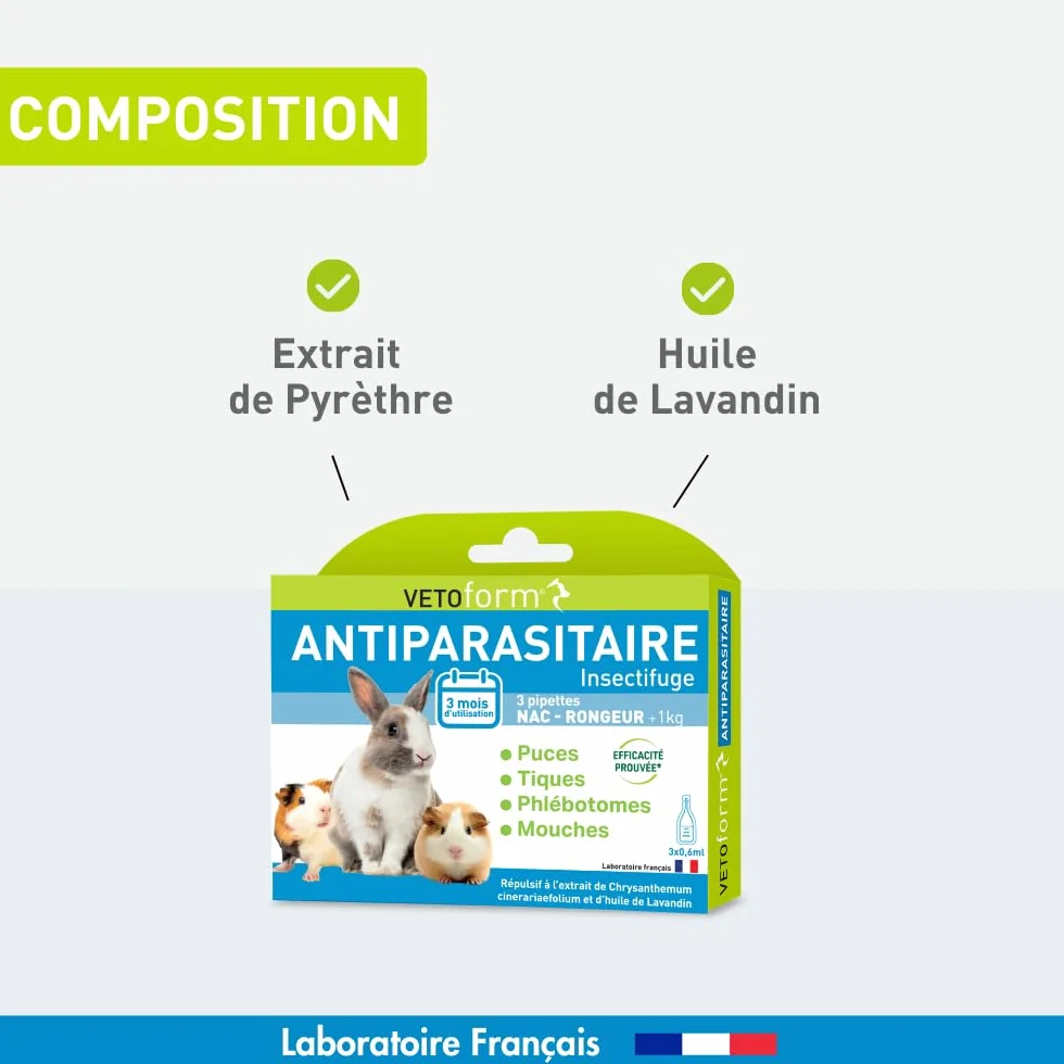 VETOFORM Pipette Antiparasitaire Petit mammiphère 1kg Lapin Cochon d'Inde Hamster NAC antipuces Anti-tiques 3x0,6 ML Fabriqué en France
