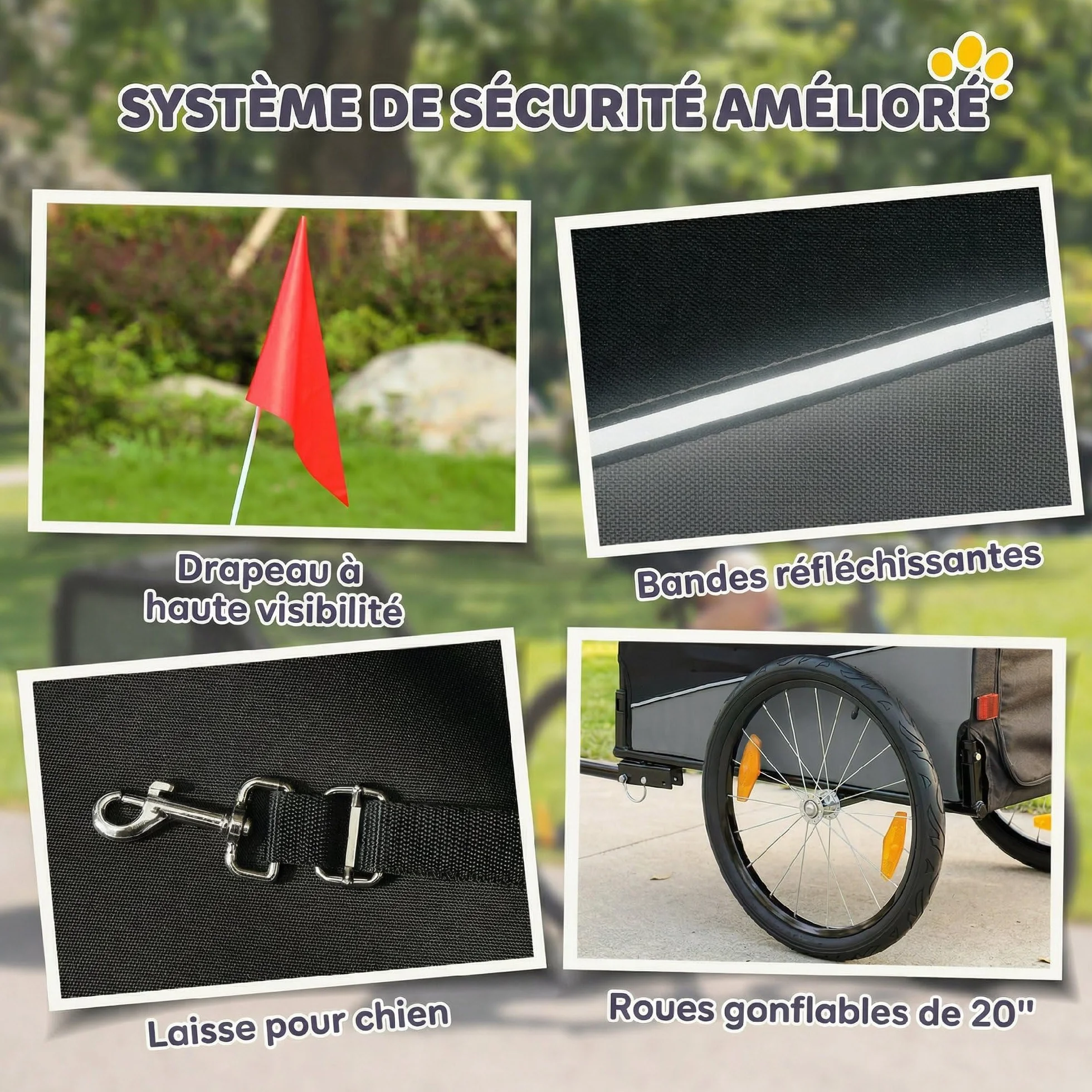 PawHut Remorque Vélo Chien avec Pneus 20" en Caoutchouc à Dégagement Rapide, Chariot pour Chien Moyen avec Attache Universelle, Réflecteurs, Drapeau, Laisse, Charge 20 kg, Gris et Noir