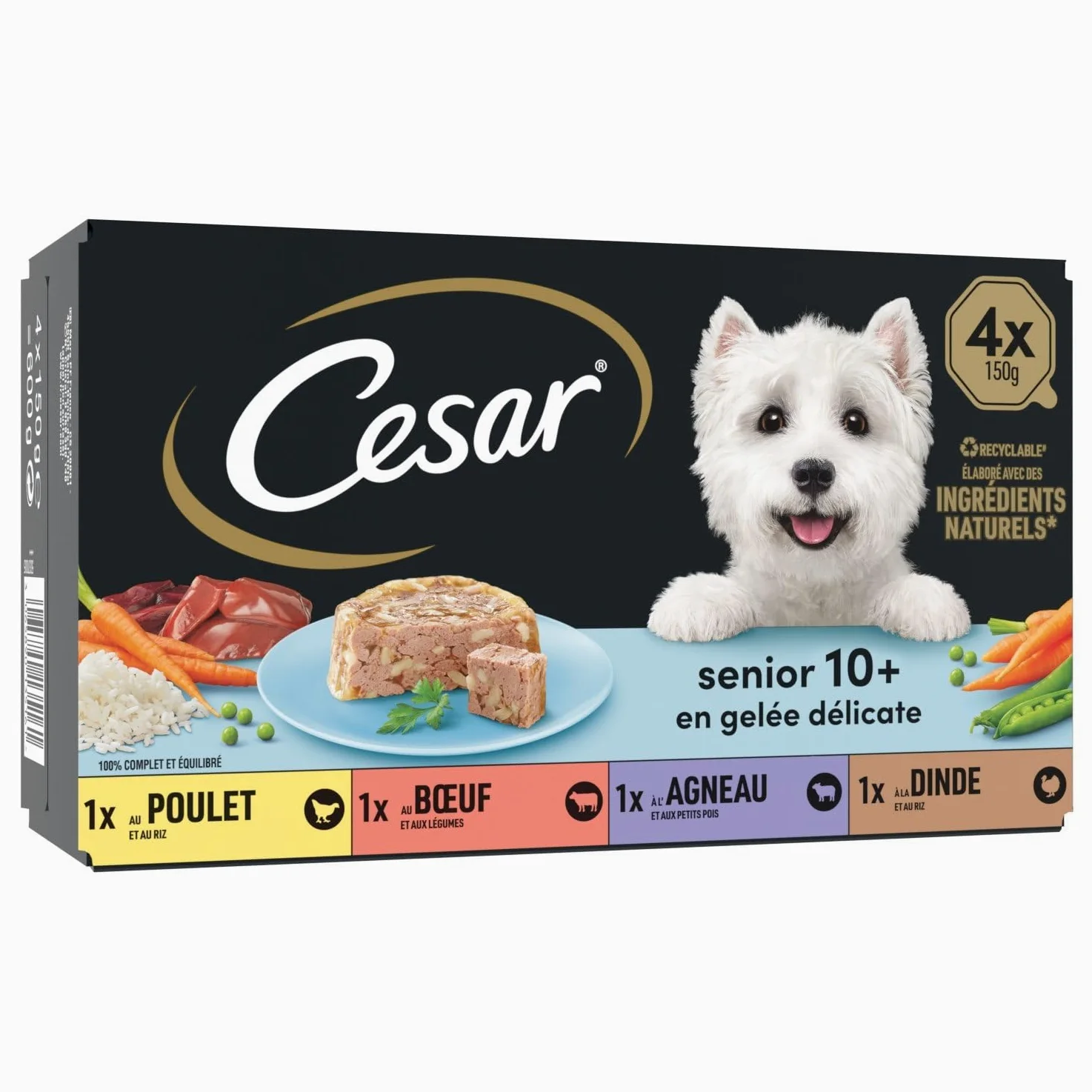 Pâtée pour Chien Sénior Gelée Poulet Boeuf Agneau Dinde Cesar - la boîte de 4 barquettes Lot De 3 - par Lot